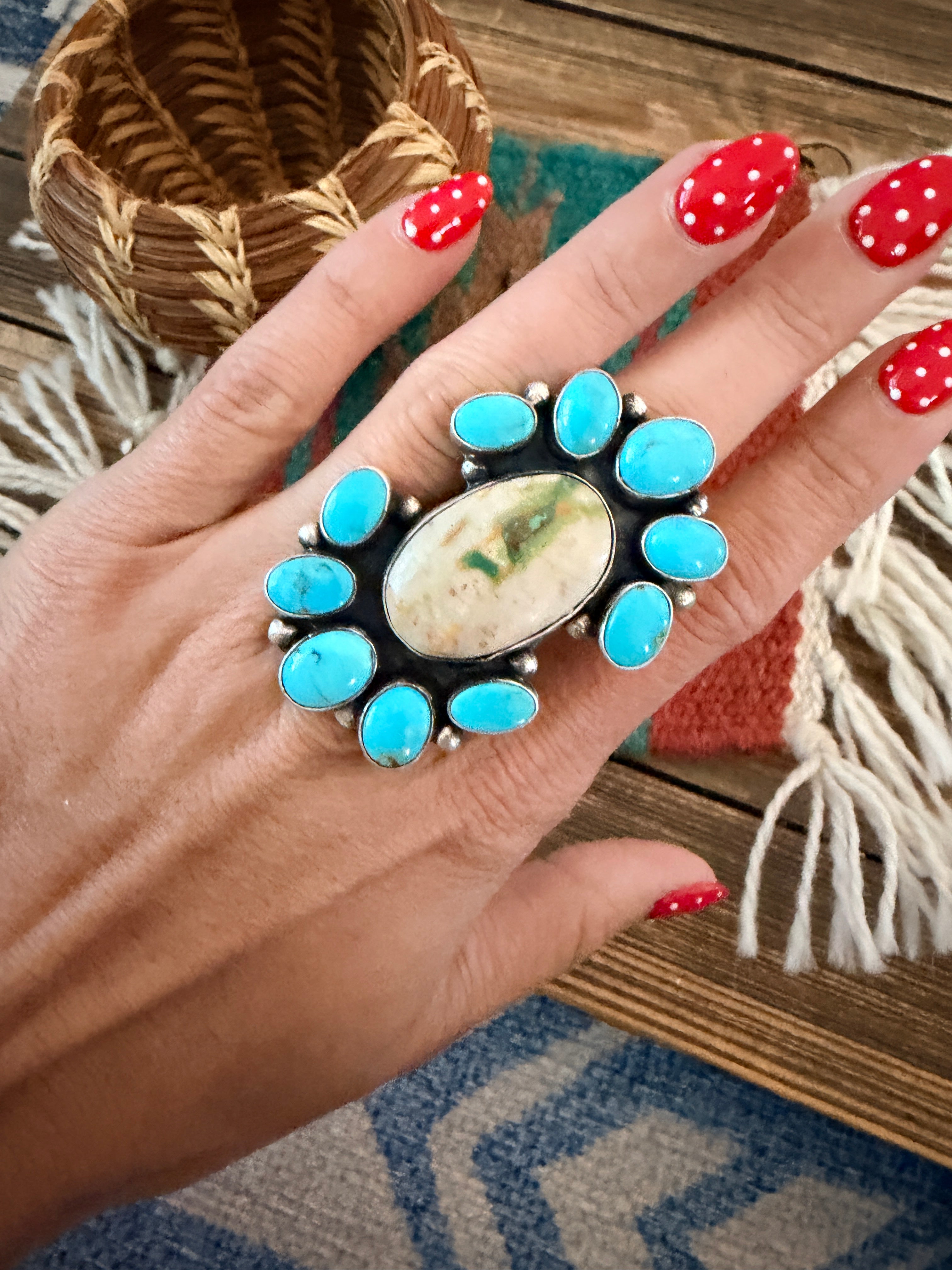 Handcrafted Multi Turquoise & Sterling Silver Ring Size 5.75 by Ella Peter