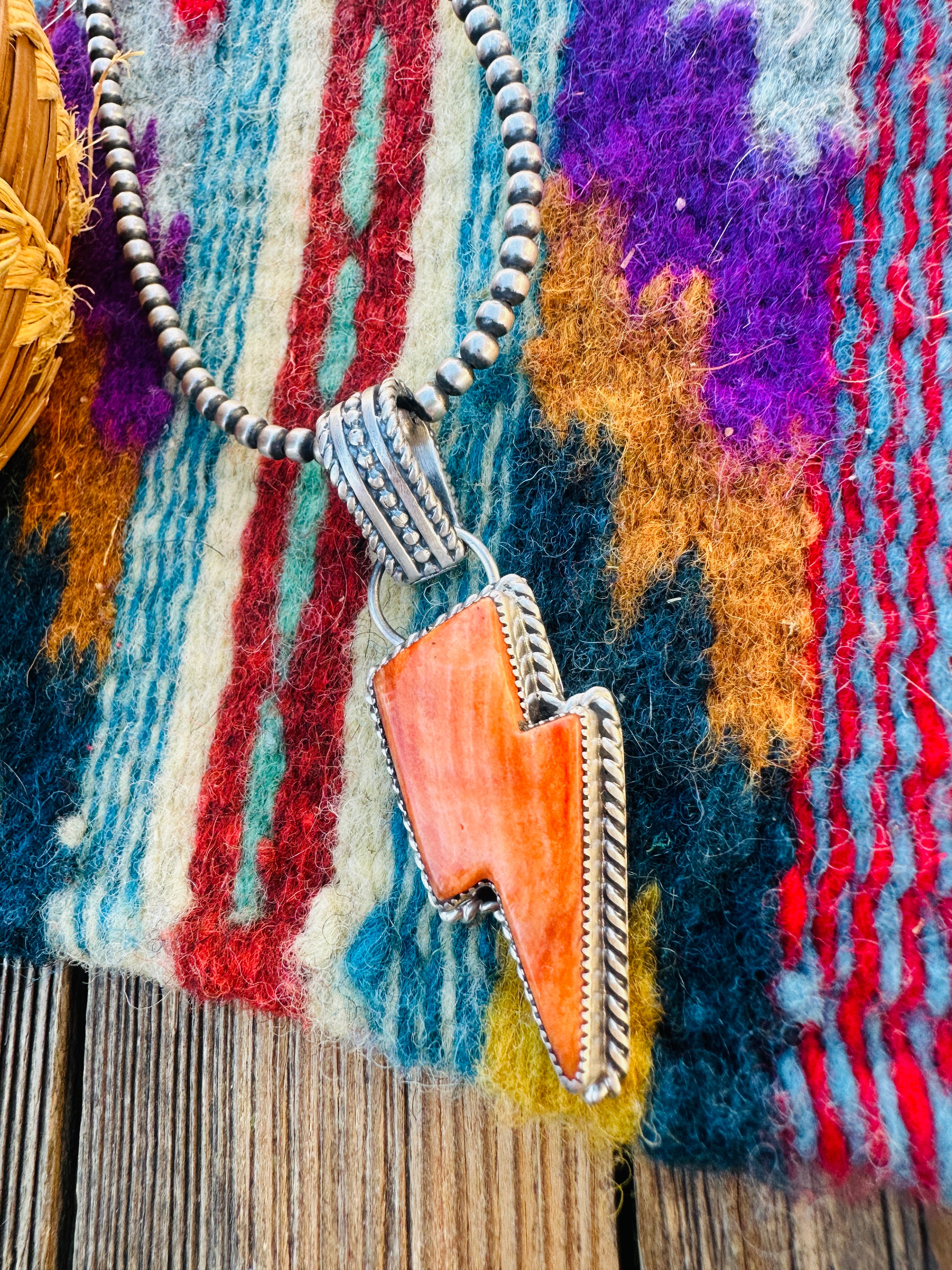 Handcrafted Spiny Oyster & Sterling Silver Lightning Bolt Pendant by Tatum Skeets