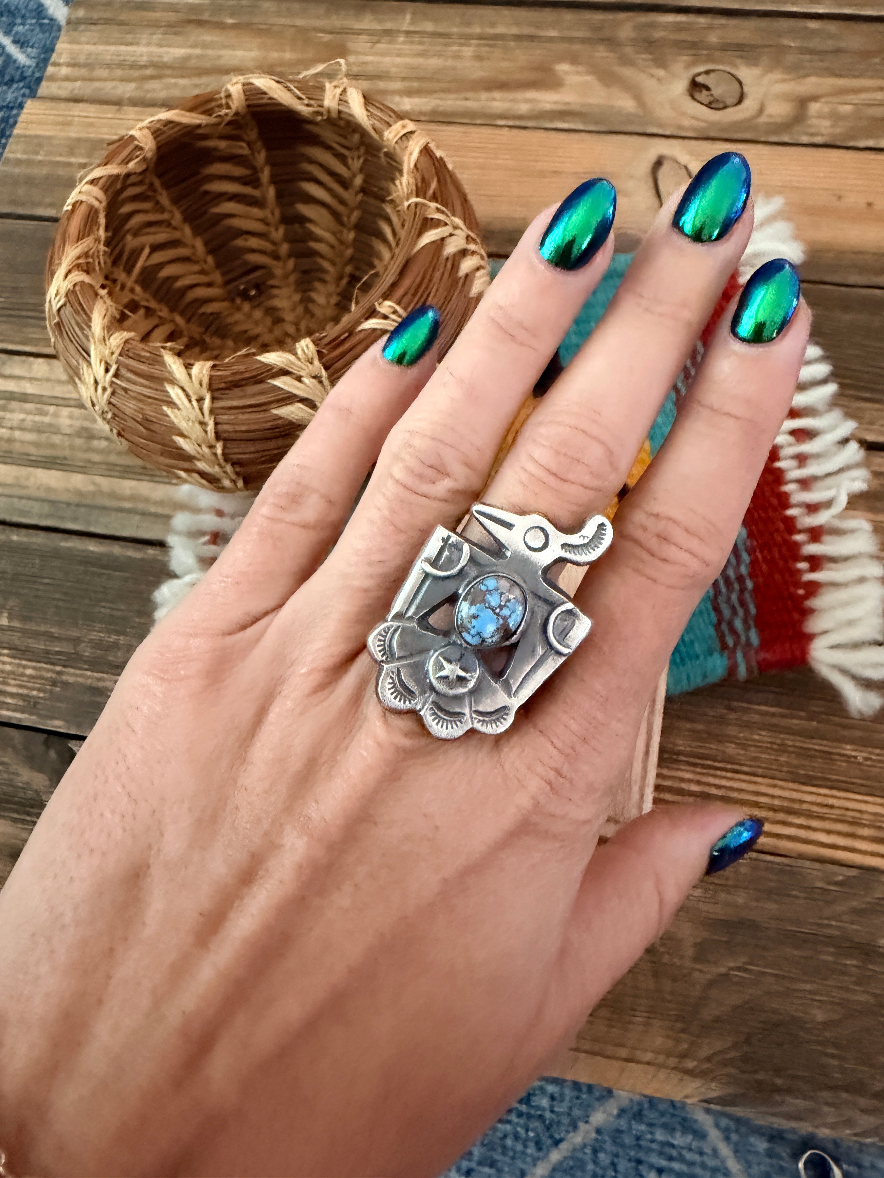 Handcrafted Golden Hills Turquoise and Sterling Silver Thunderbird Ring size 8.75 by Chimney Butte