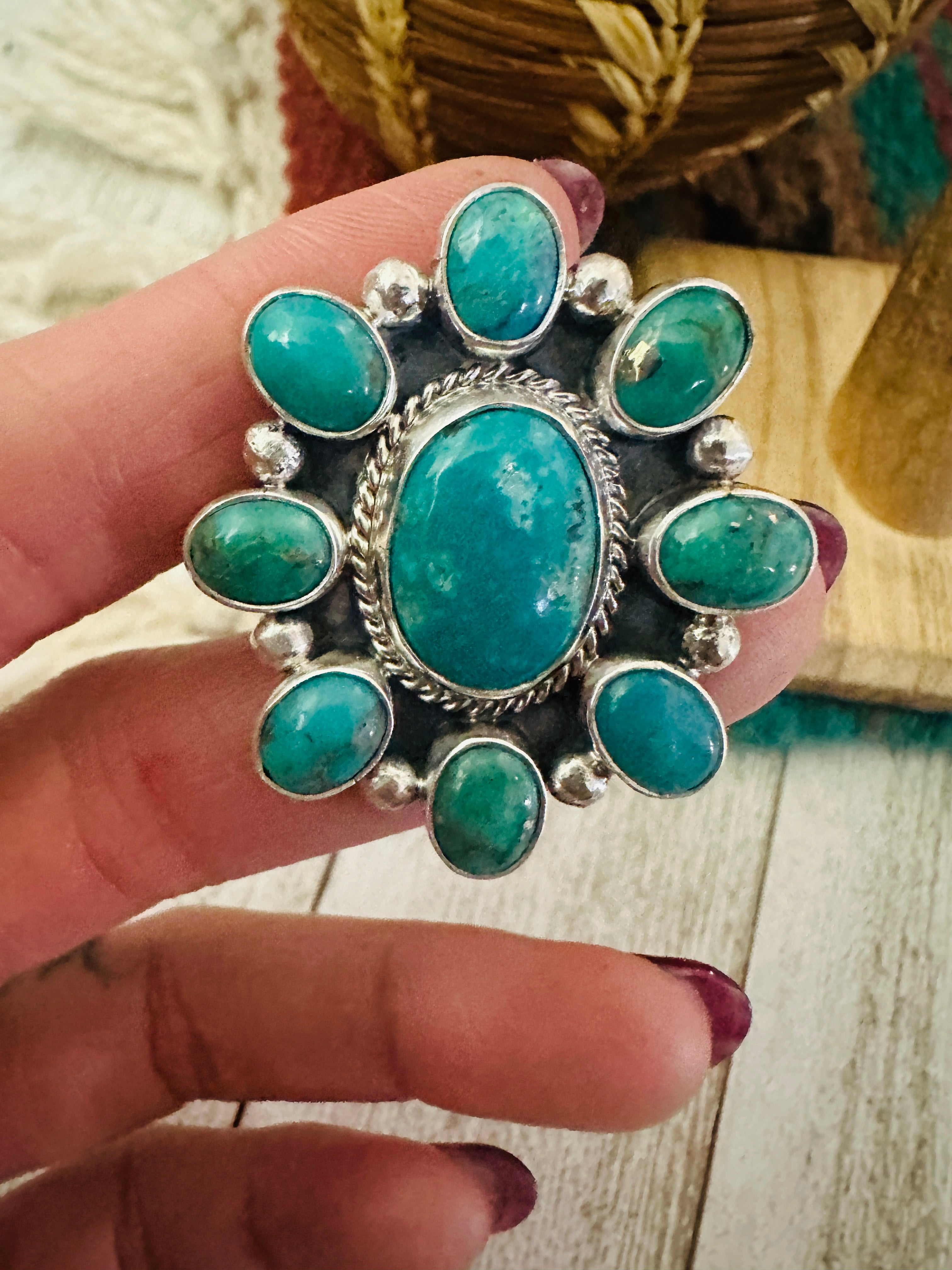 Navajo Sterling Silver & Turquoise Cluster Adjustable Ring