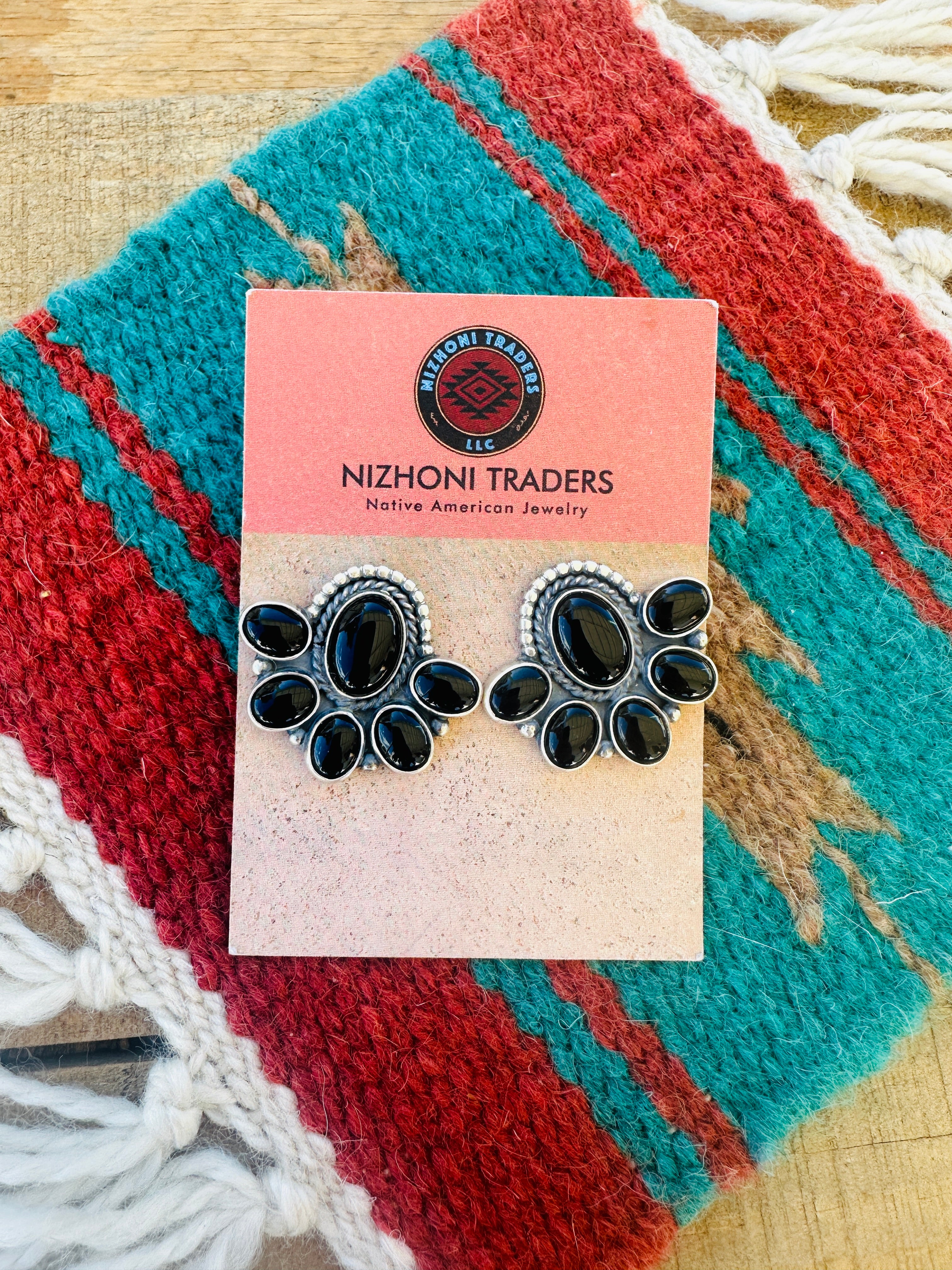 Navajo Black Onyx & Sterling Silver Cluster Post Earrings