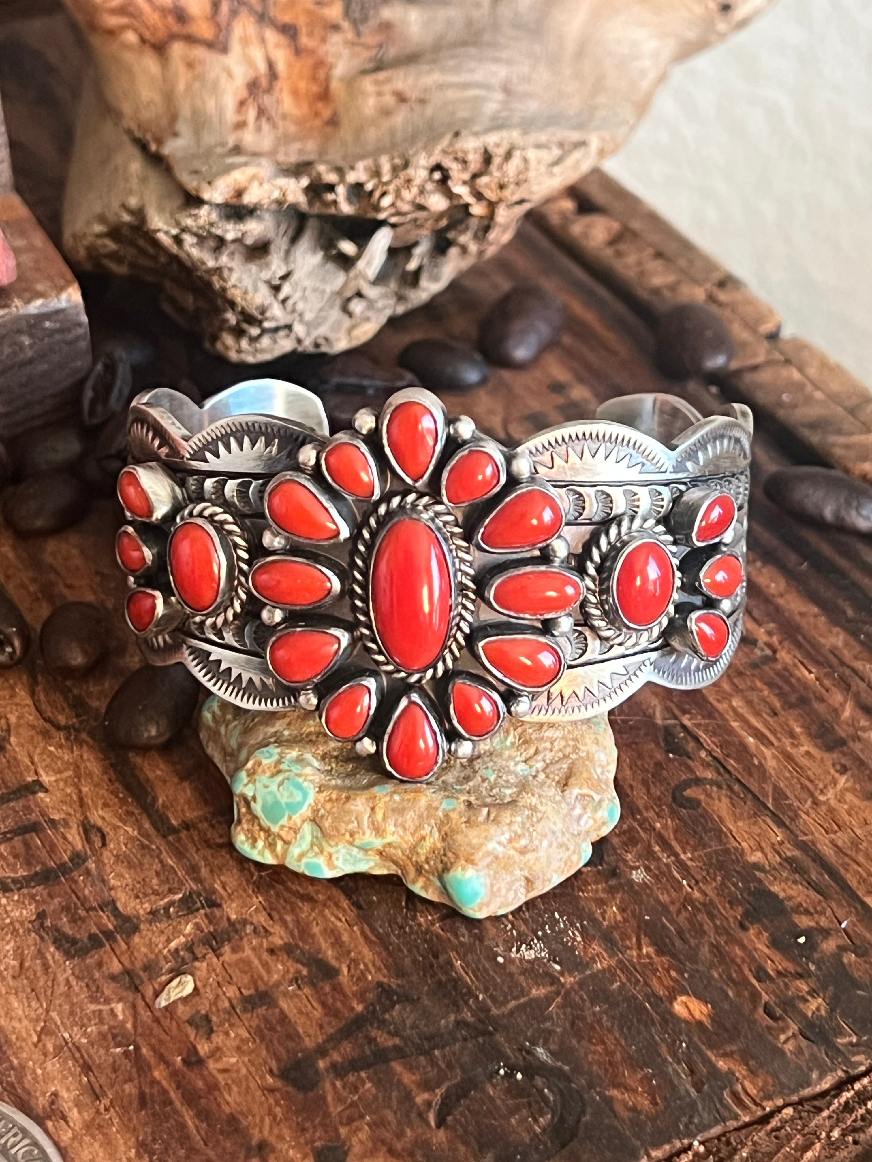 Handcrafted Sterling Silver and Mediterranean Coral Cluster Cuff Bracelet by Murphy Platero
