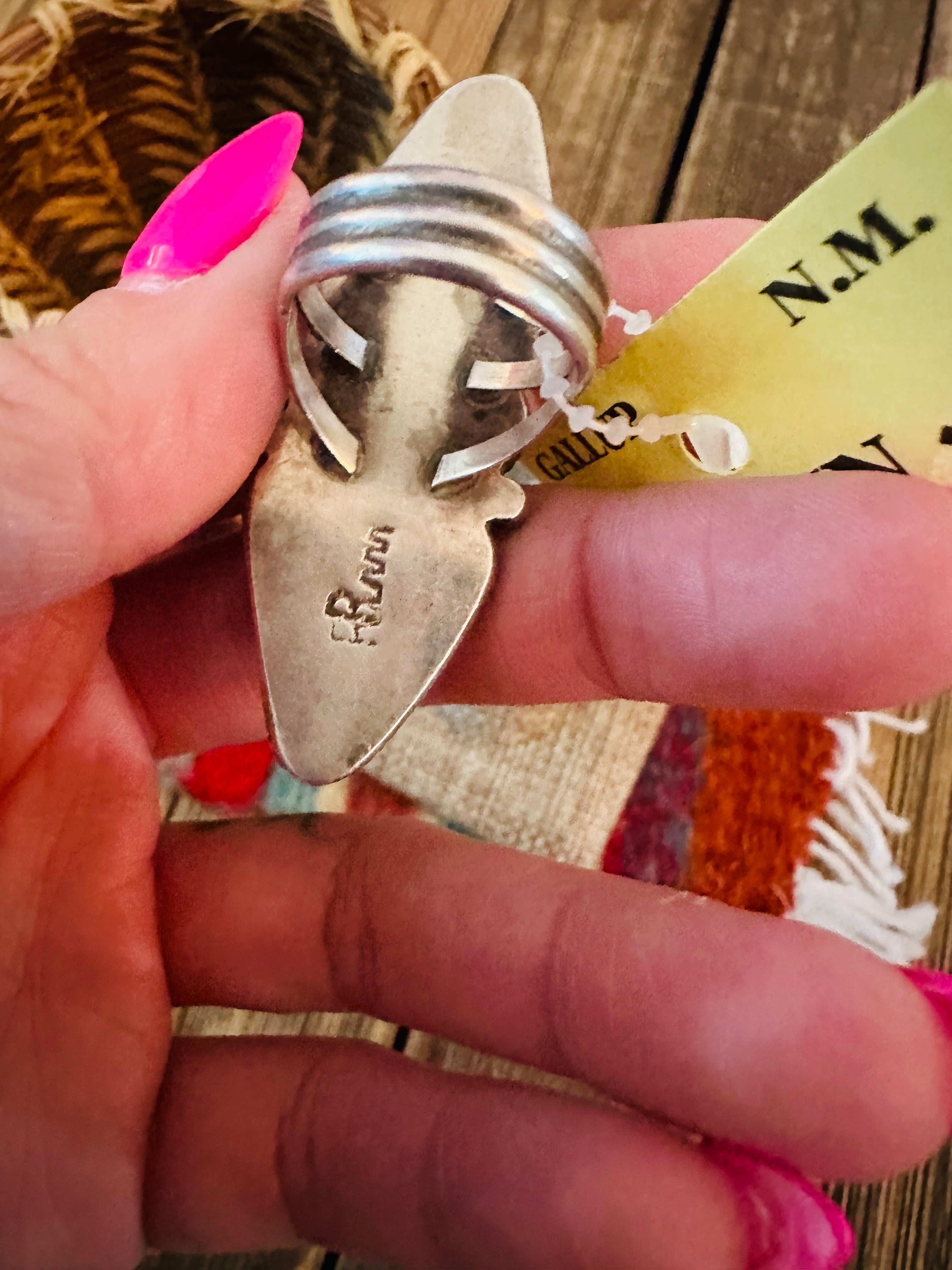 Old Pawn Handcrafted Spiderweb Turquoise, Spiny Oyster & Sterling Silver Ring Size 7