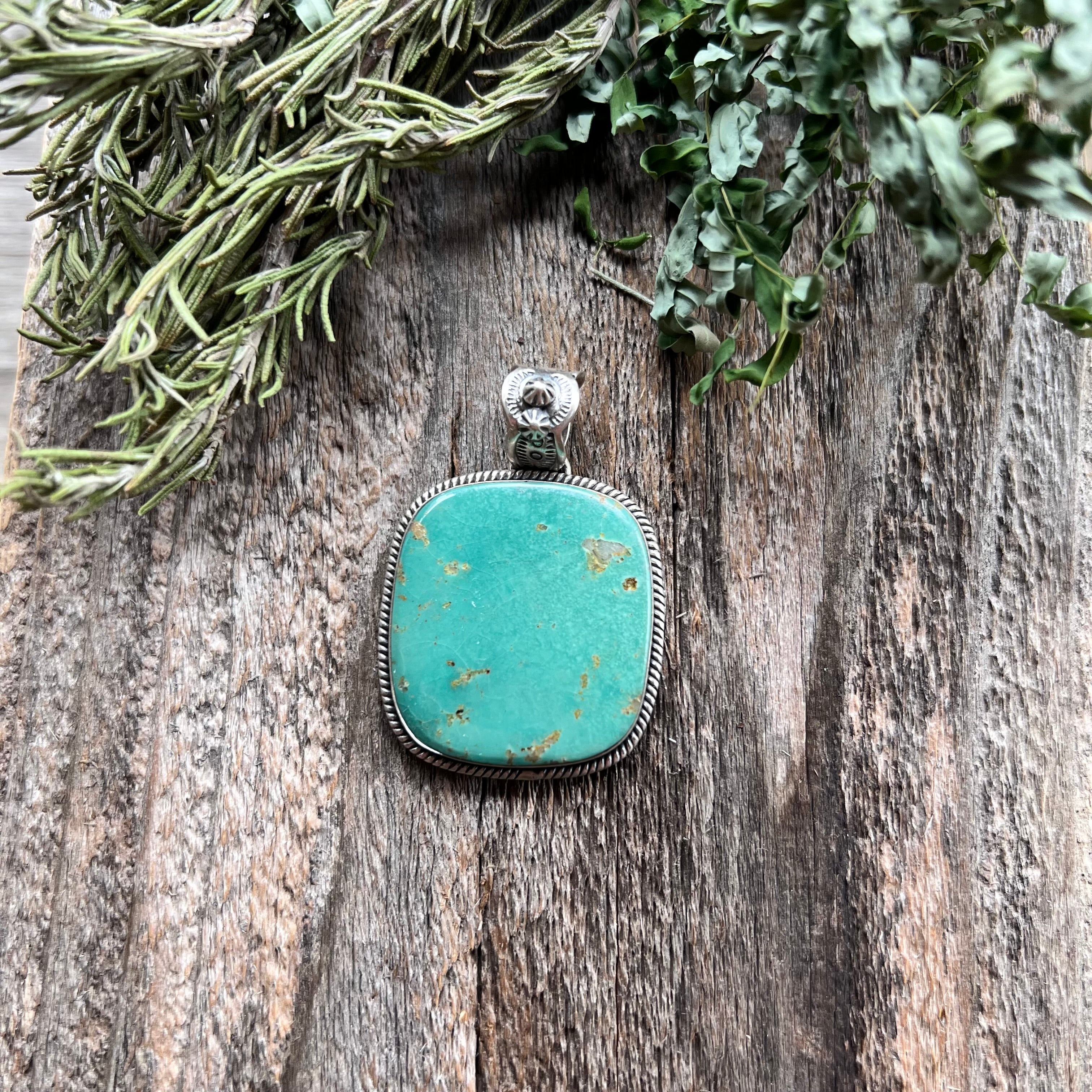 Handmade Green Turquoise Square Sterling Silver Pendant