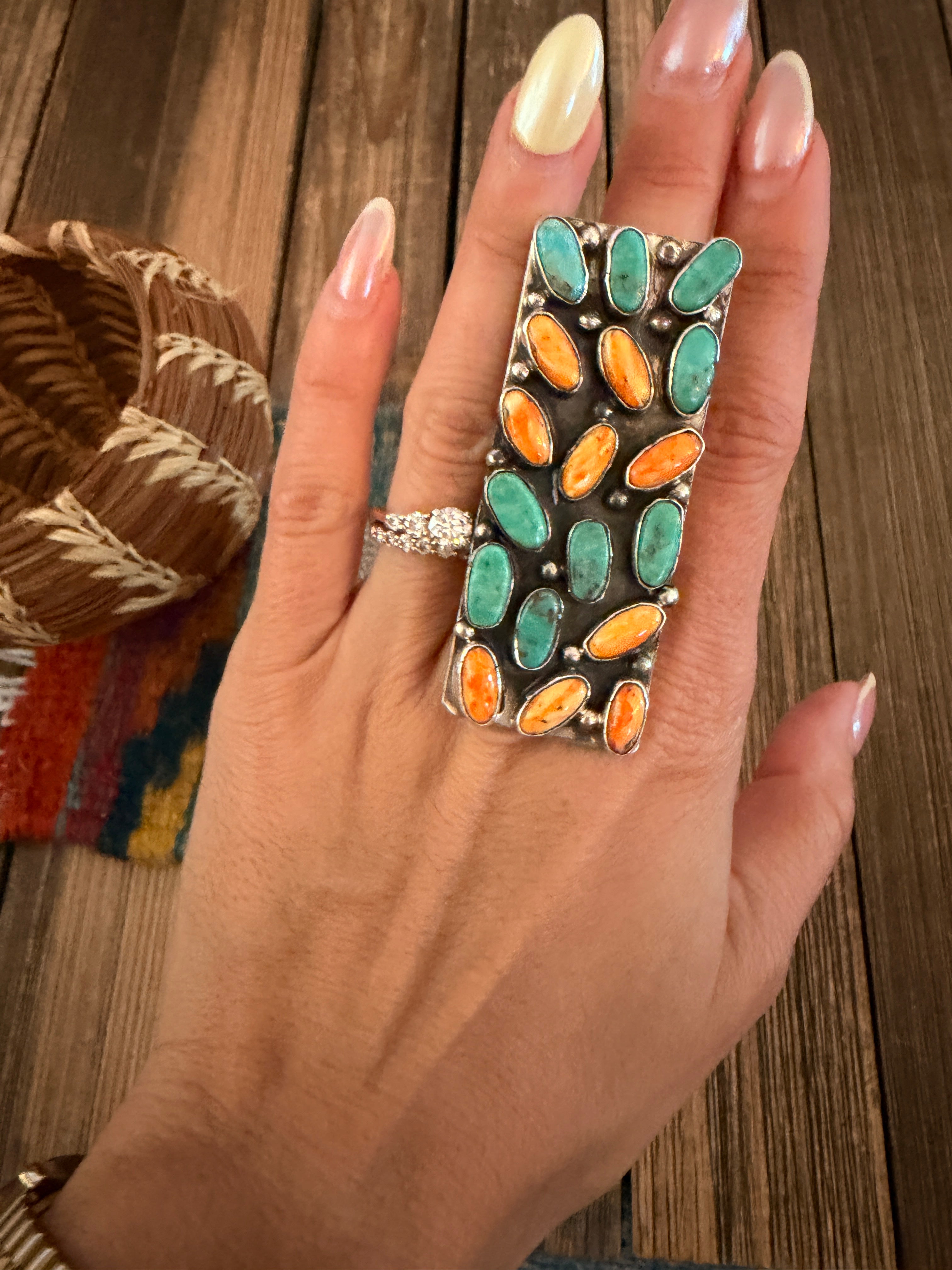 Handcrafted Turquoise, Spiny Oyster & Sterling Silver Cluster Adjustable Ring by Jacqueline Silver