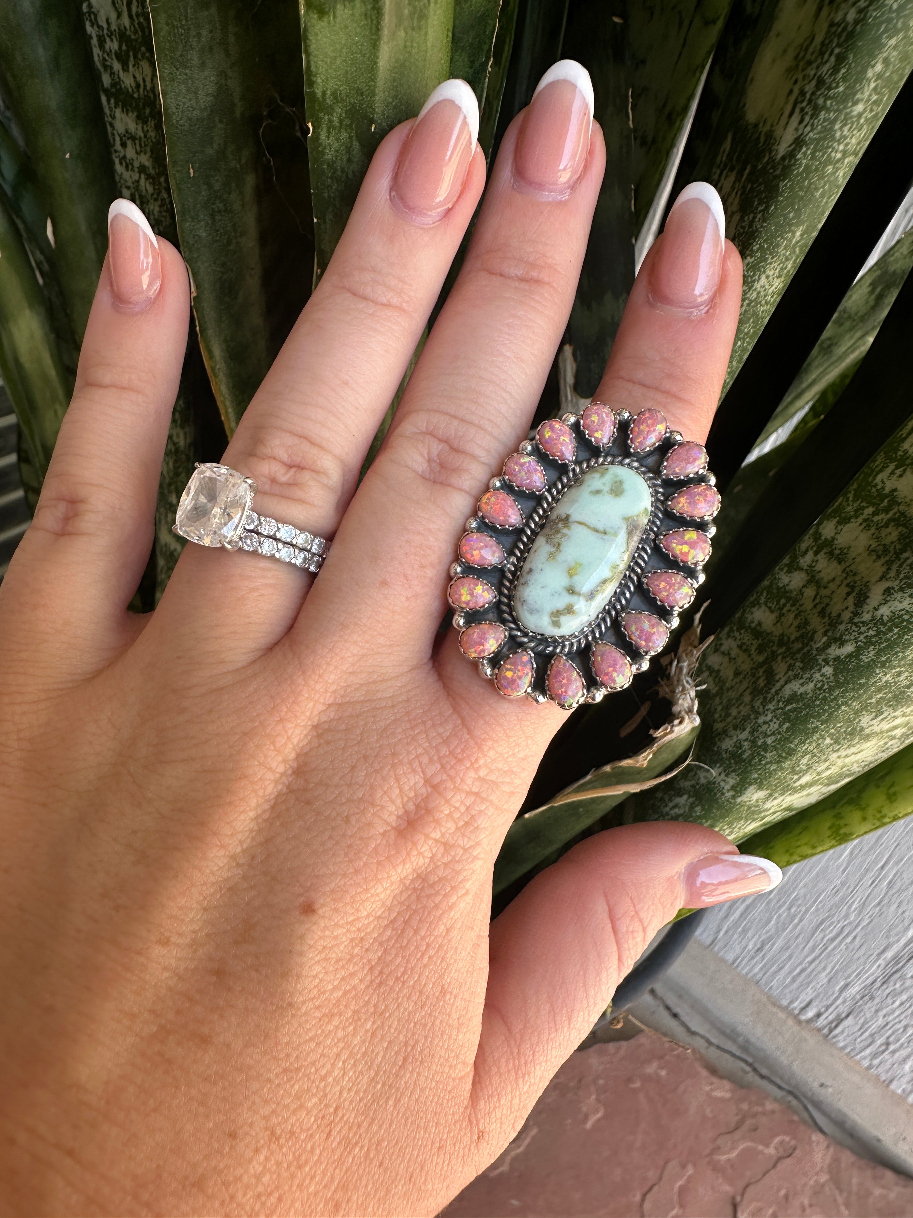 Beautiful Handmade Palomino Turquoise, Pink Fire Opal And Sterling Silver Adjustable Ring