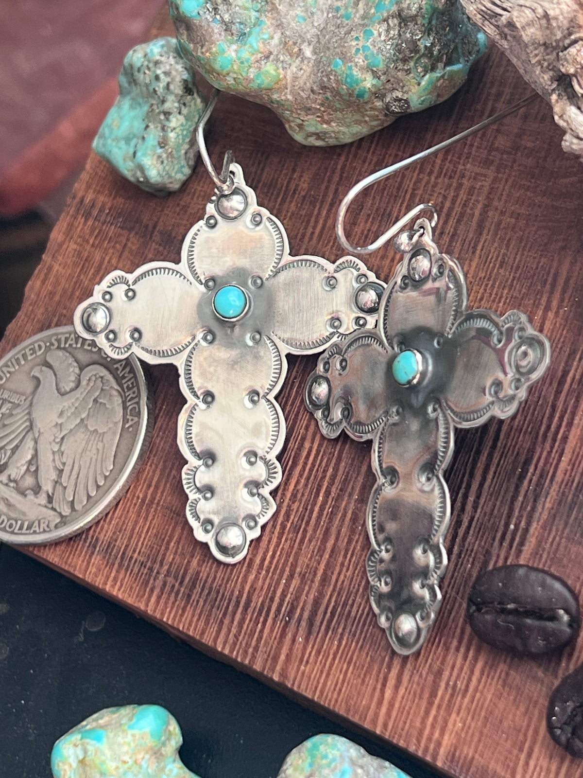 Hand Stamped Cloud Design Sterling Silver Cross Dangle Earrings with Kingman Turquoise by Kimari Somers