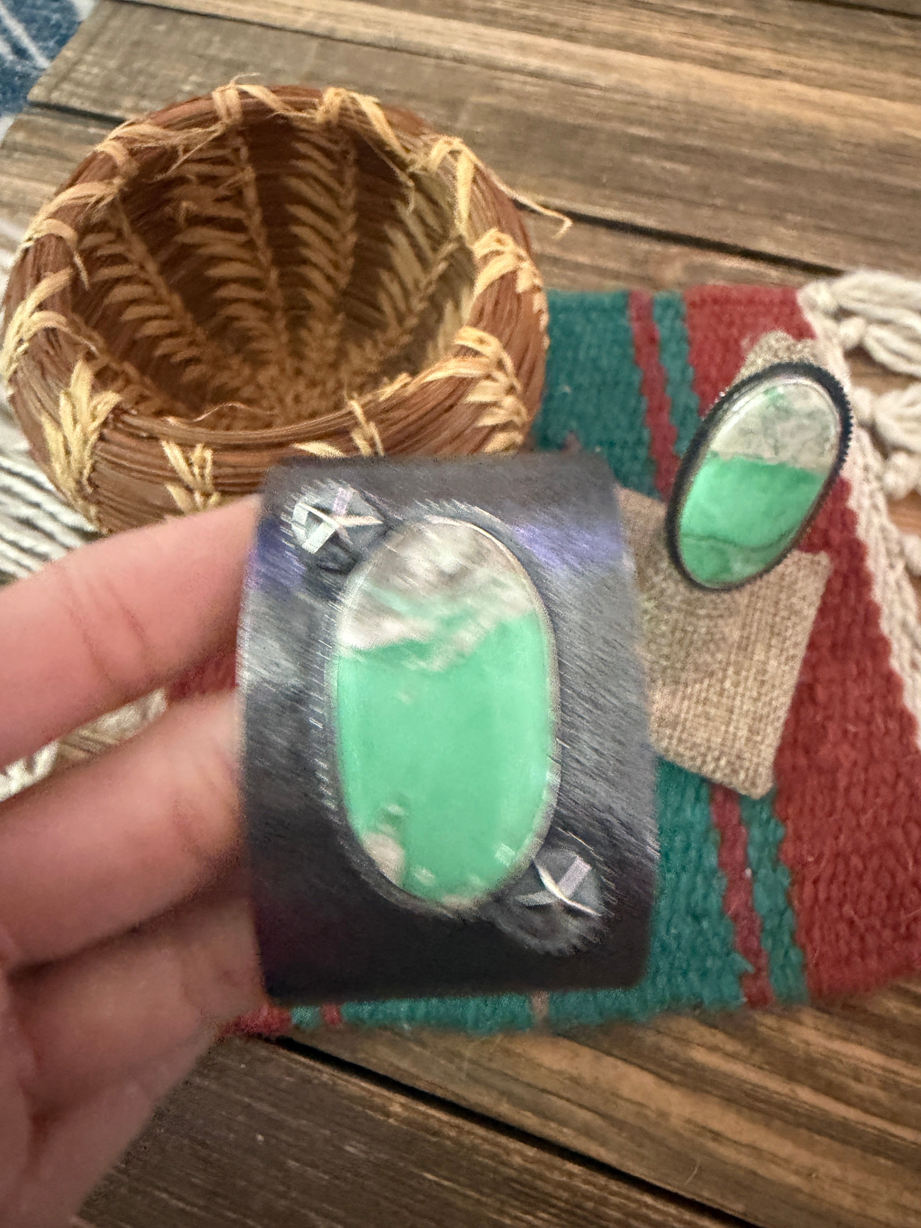 Handcrafted Vintage Old Pawn Turquoise & Sterling Silver Beaded Bracelet & Ring Set