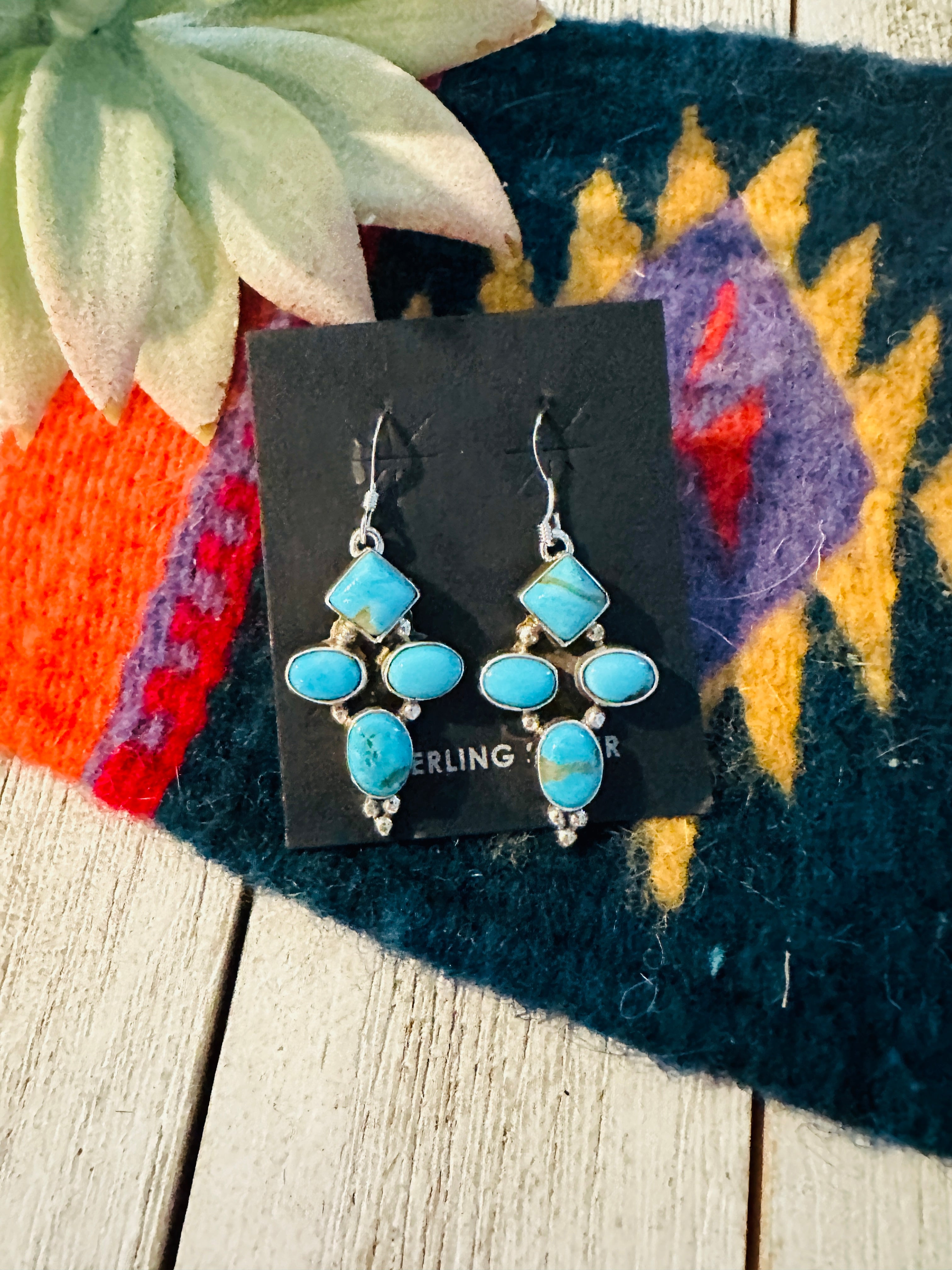 Navajo Kingman Turquoise and Sterling Silver Dangle Earrings