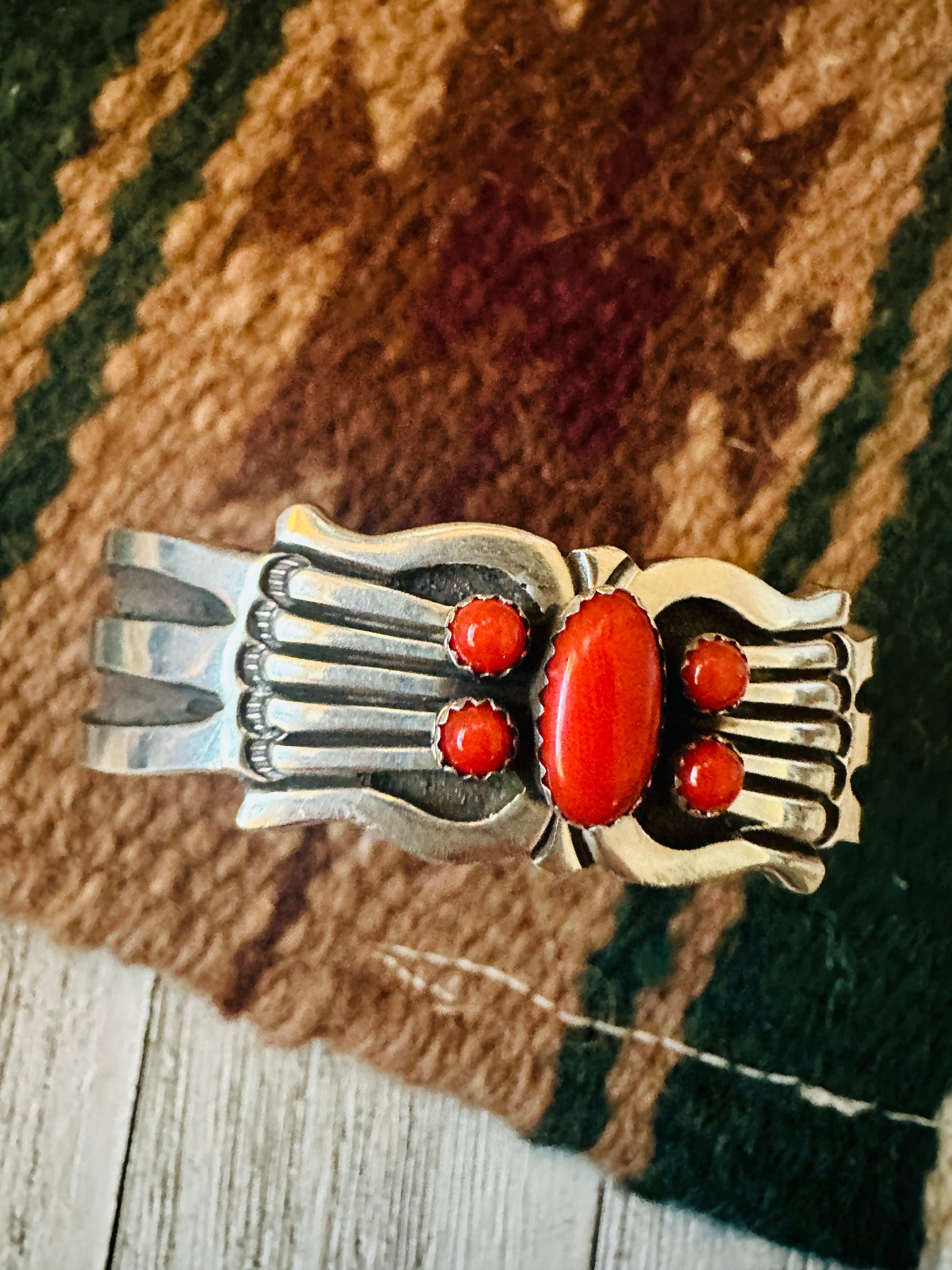 Navajo Coral & Sterling Silver Cuff Bracelet Signed