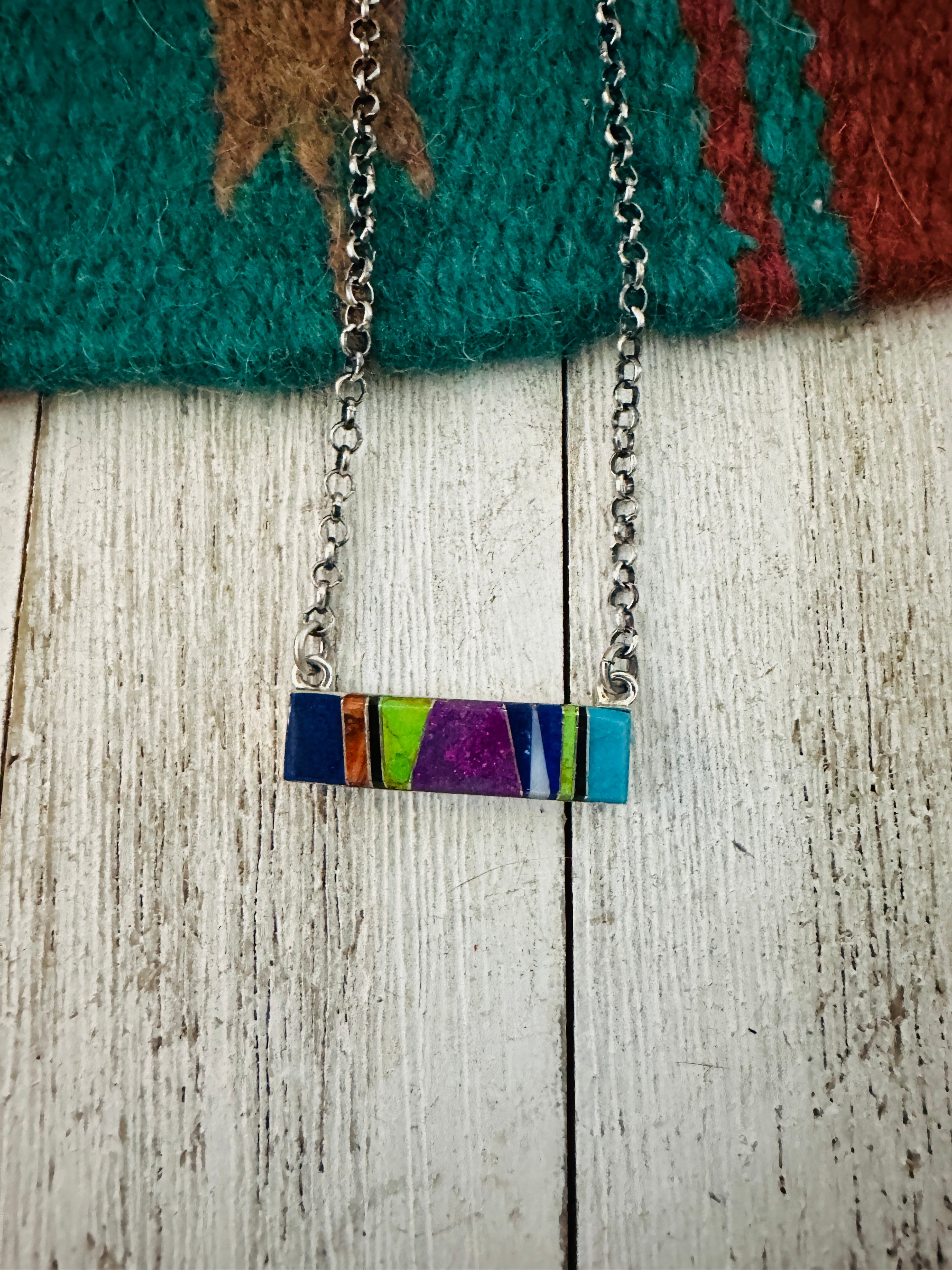 Navajo Multi Stone & Sterling Silver Inlay Bar Necklace