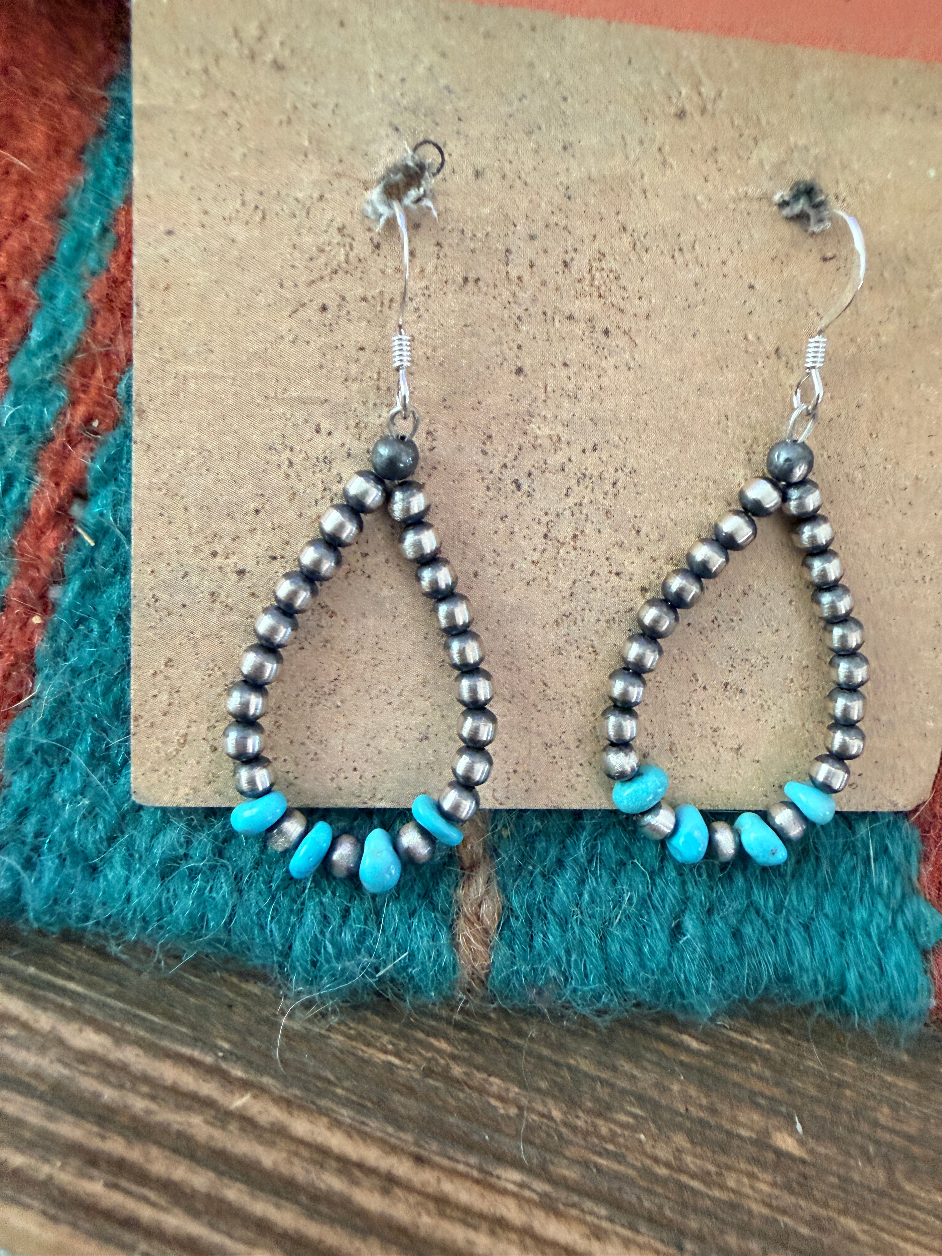 Handcrafted Sterling Silver Pearl & Turquoise Dangle Hoop Earrings