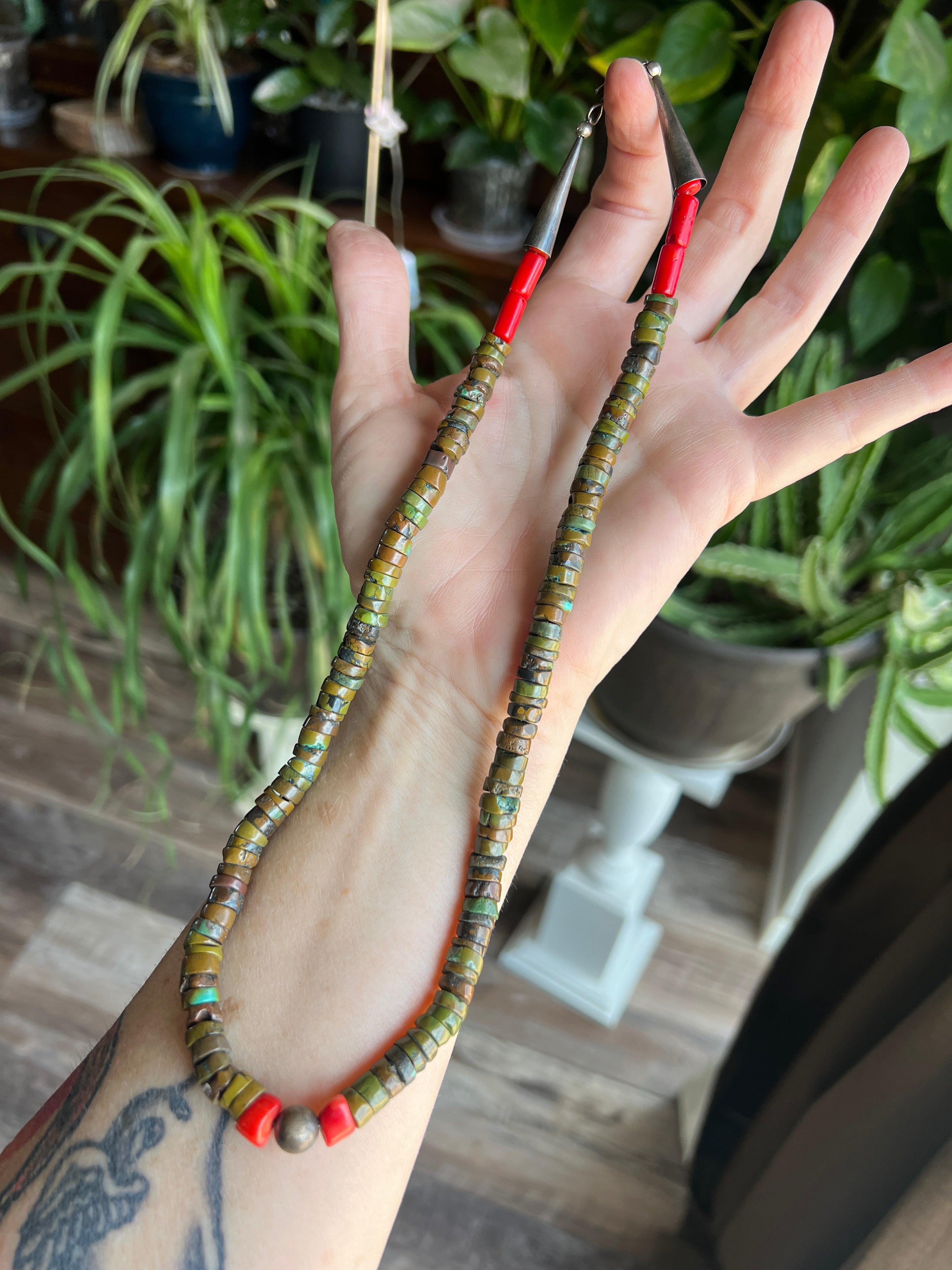 Handcrafted Hubei Turquoise Beaded Necklace with Sterling Silver and Bamboo Coral by Kirby Smith: 13 To Choose From!