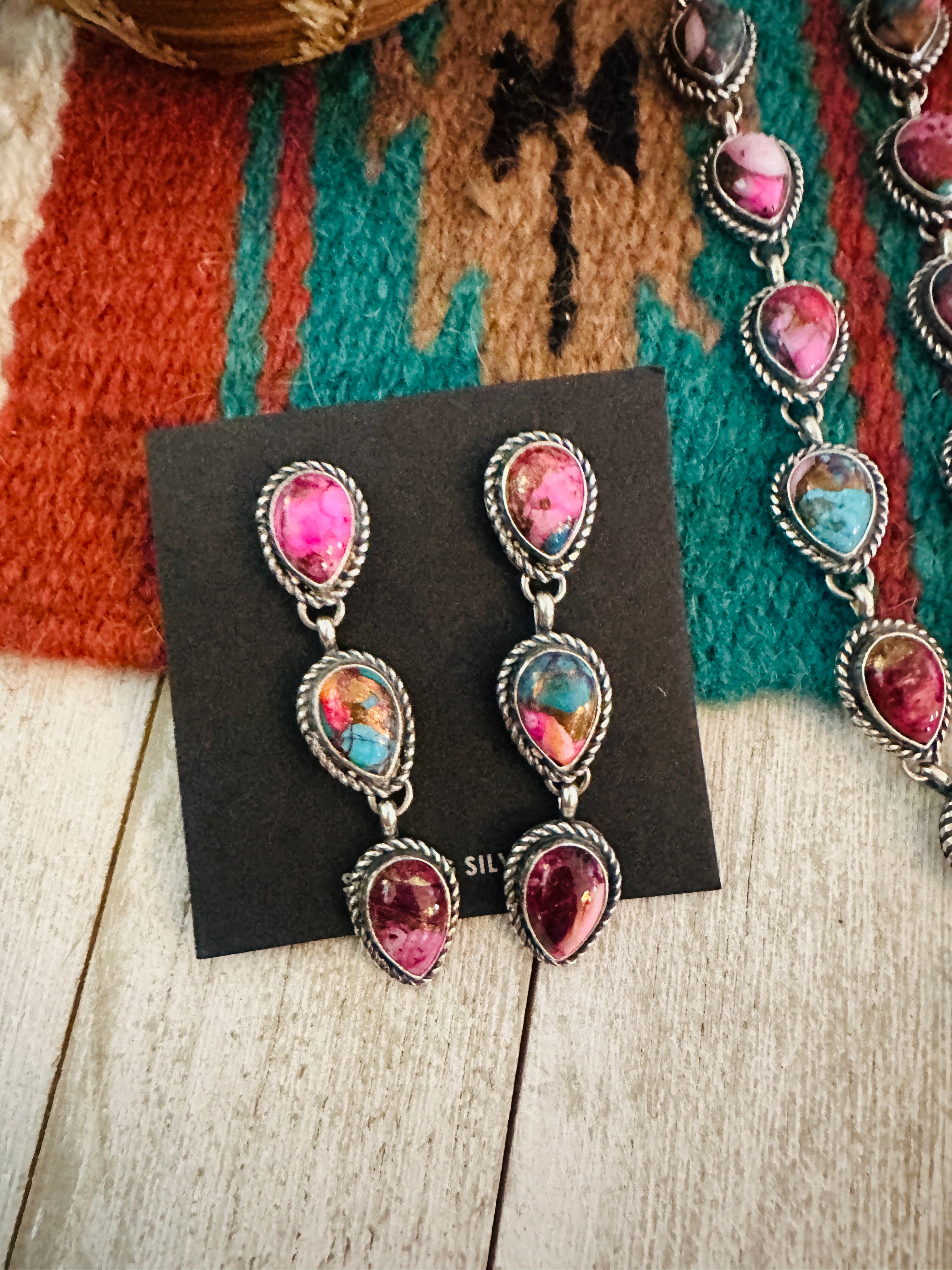 Navajo Sterling Silver & Pink Dream Mojave Lariat Necklace Set