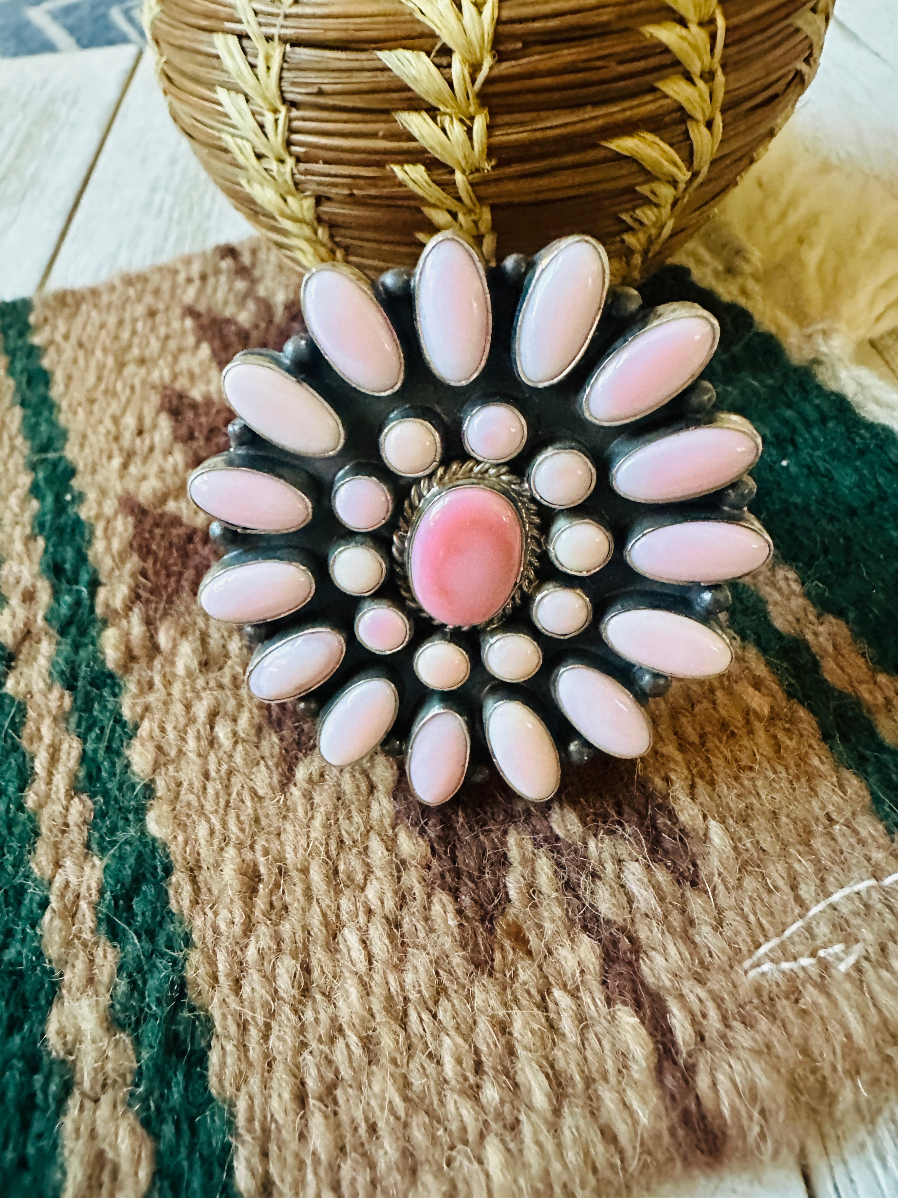 Navajo Queen Pink Conch Shell & Sterling Silver Cluster Cuff Bracelet