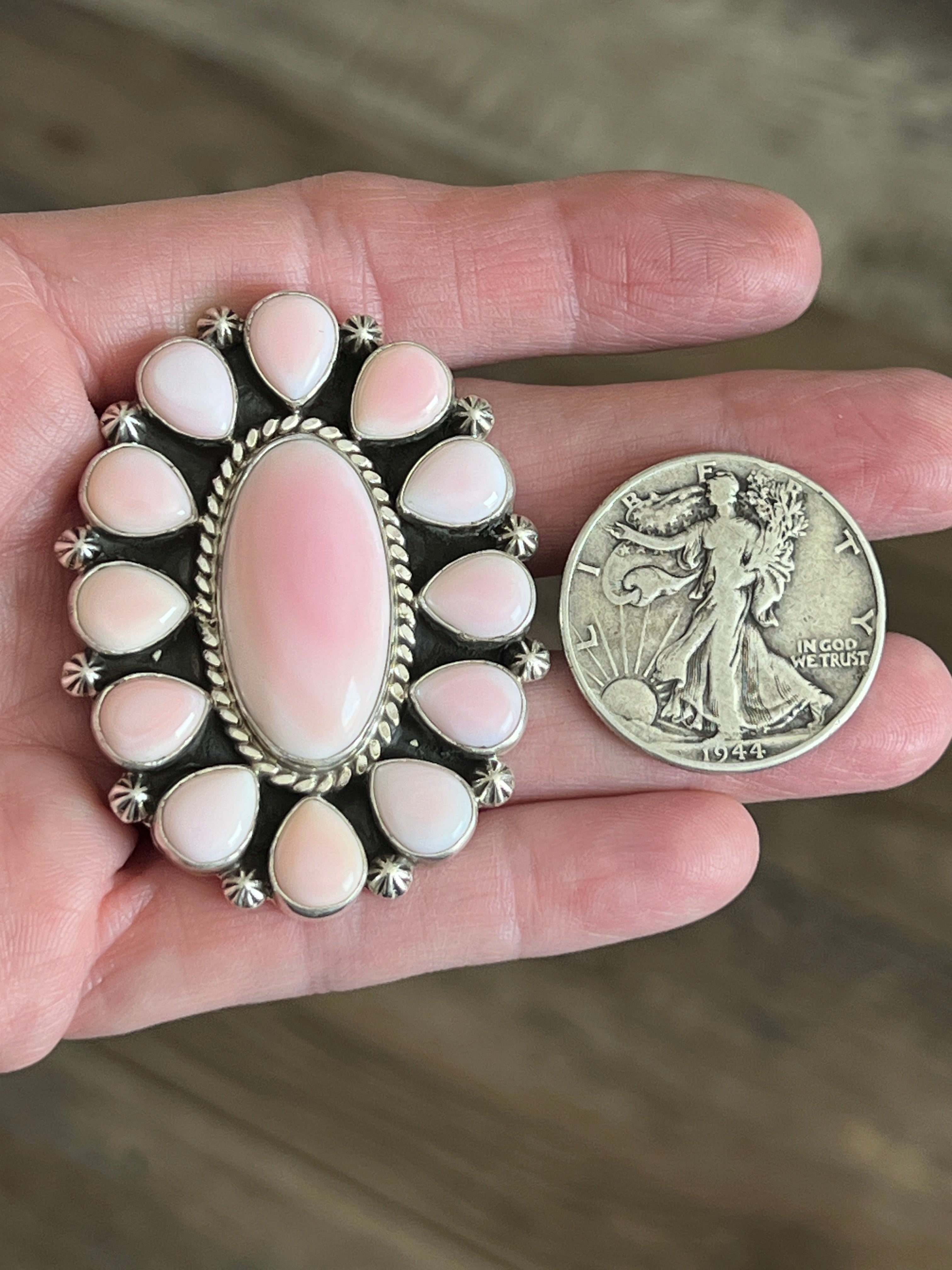 Handcrafted Sterling Silver and Oval Queen Pink Conch Shell Cluster Ring by Aaron Tallis, Adjustable