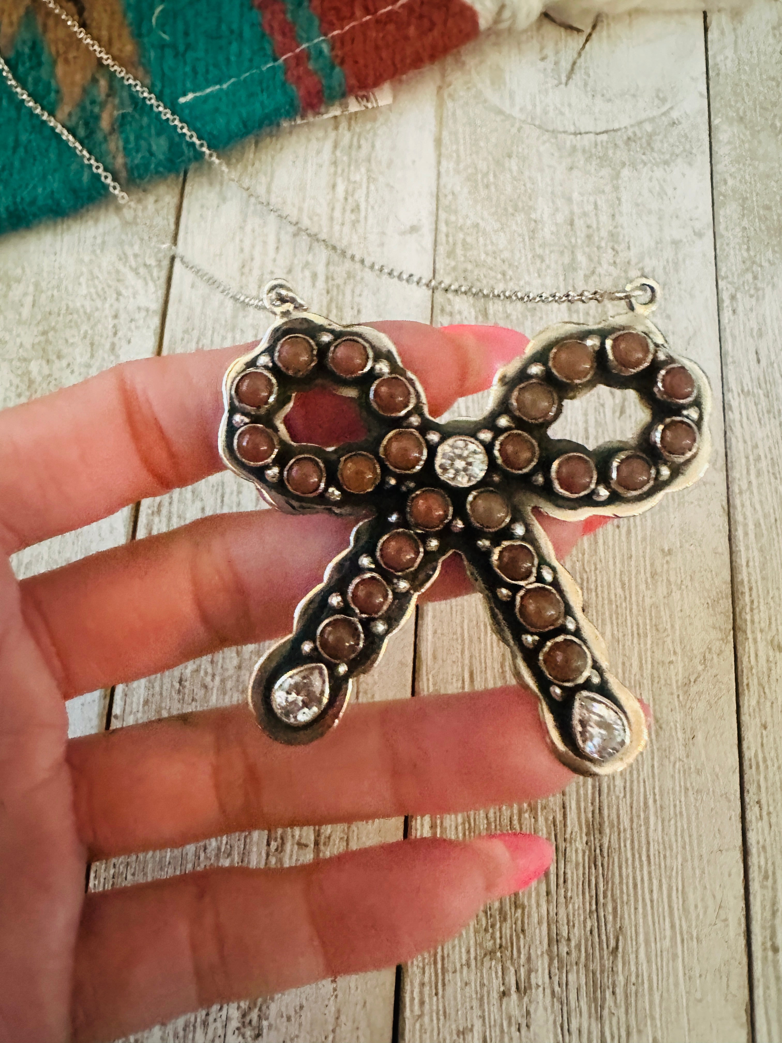 ** Christmas Collection ** Handmade Sterling Silver, Mother of Pearl & CZ Bow Necklace Signed Nizhoni