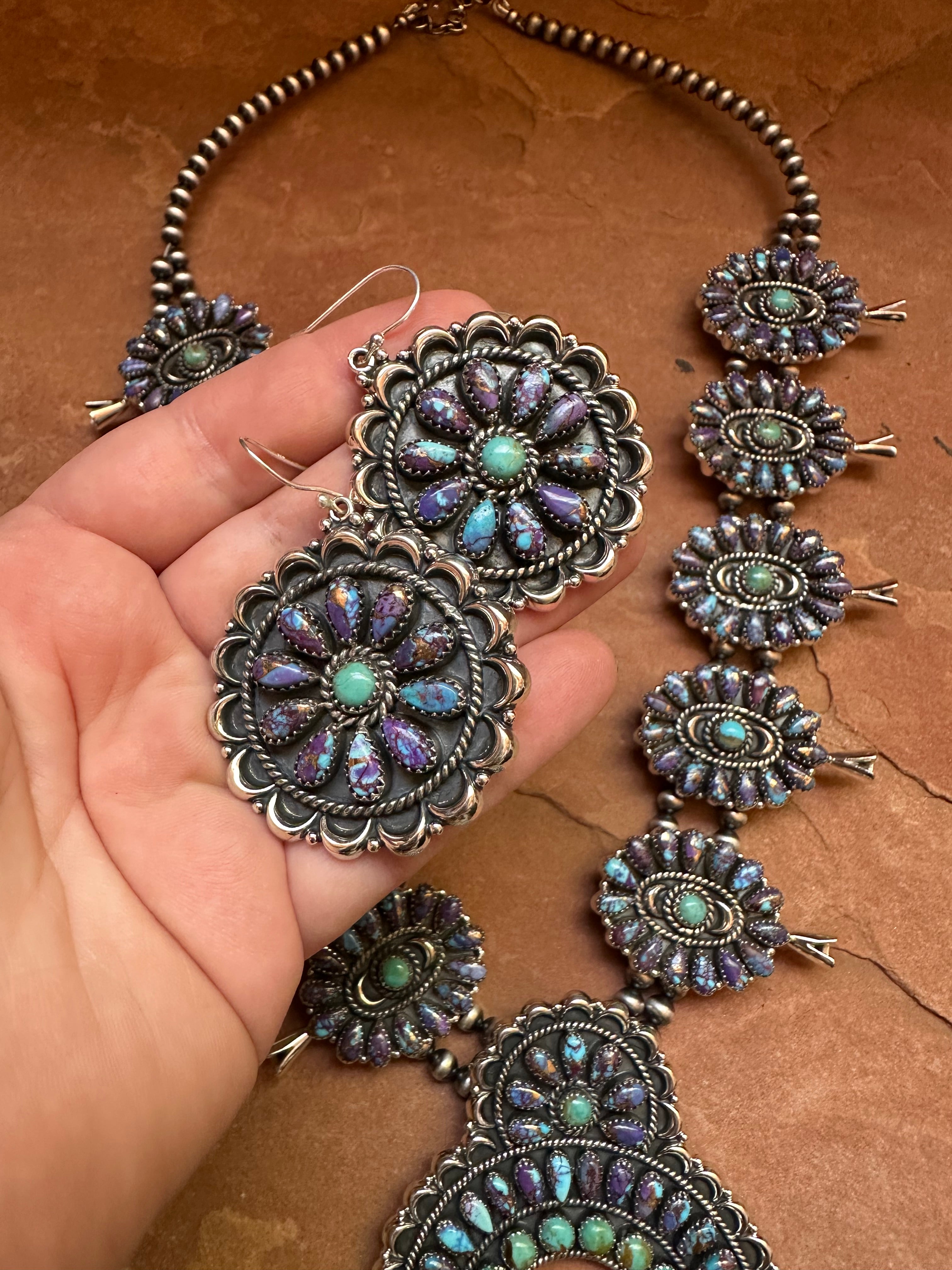 Handmade Sterling Silver, Purple Dream Mojave & Turquoise Squash Blossom Necklace Set Signed Nizhoni