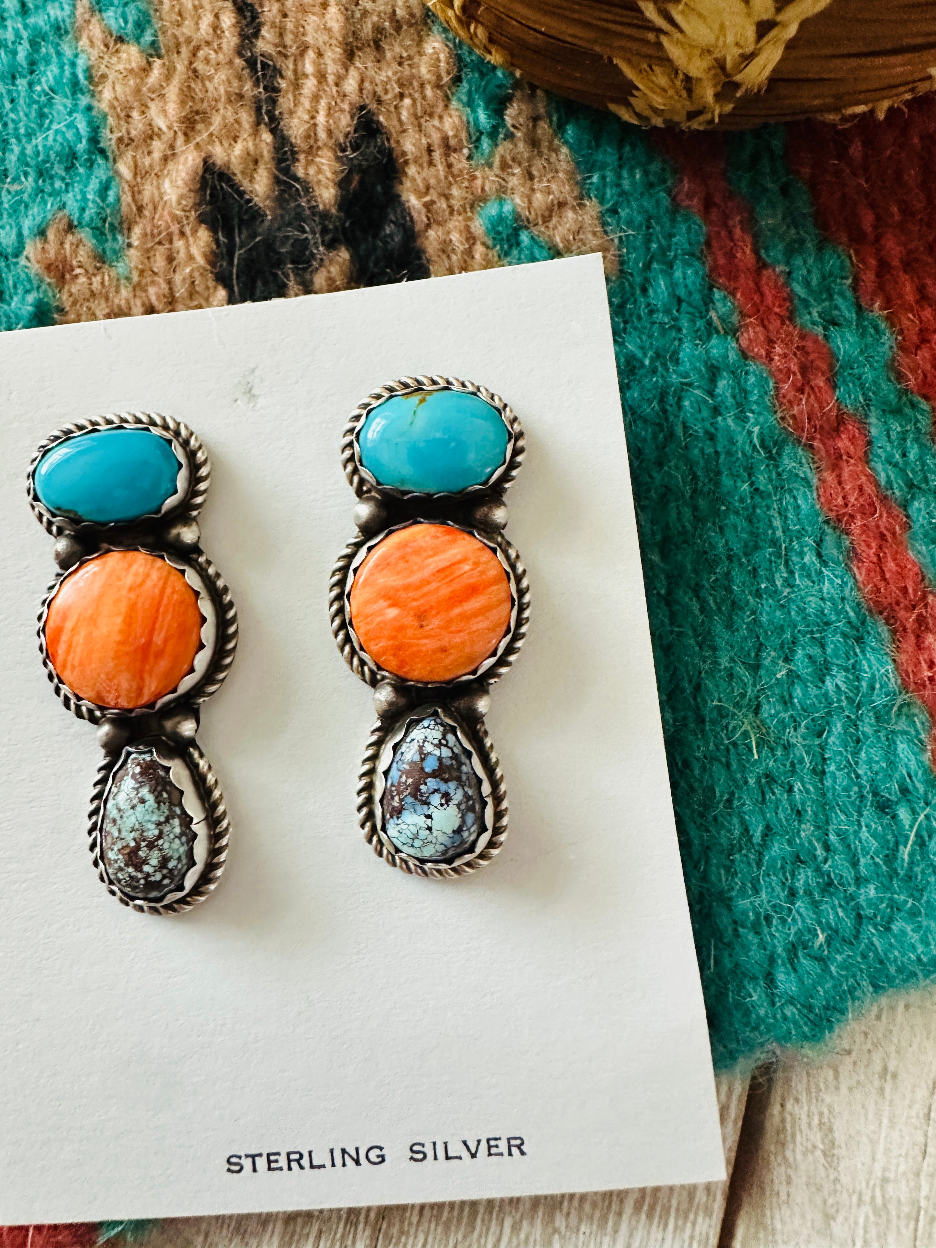 Handcrafted Orange Spiny, Turquoise and Sterling Silver Dangle Earrings