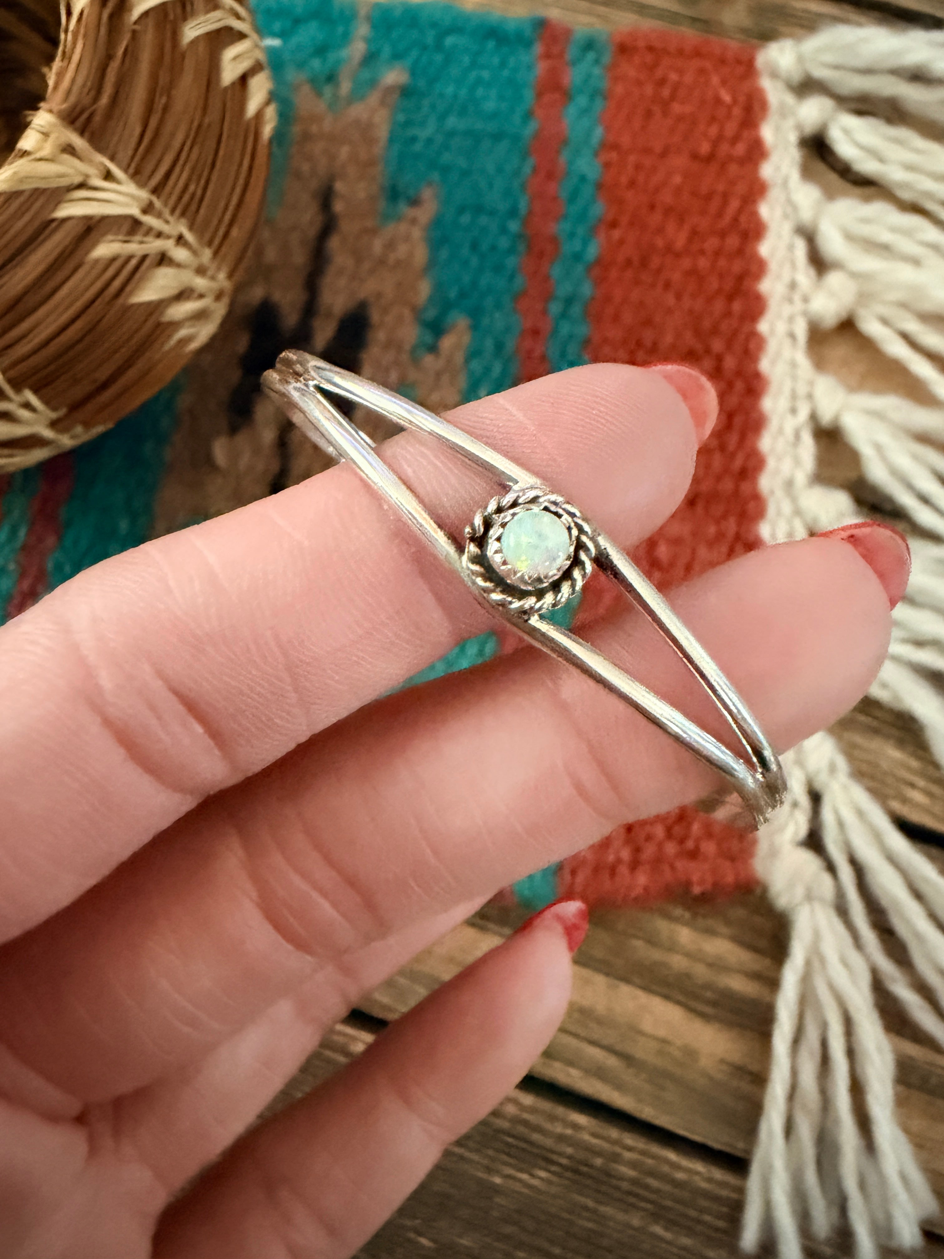Handcrafted White Opal & Sterling Silver Baby Cuff Bracelet