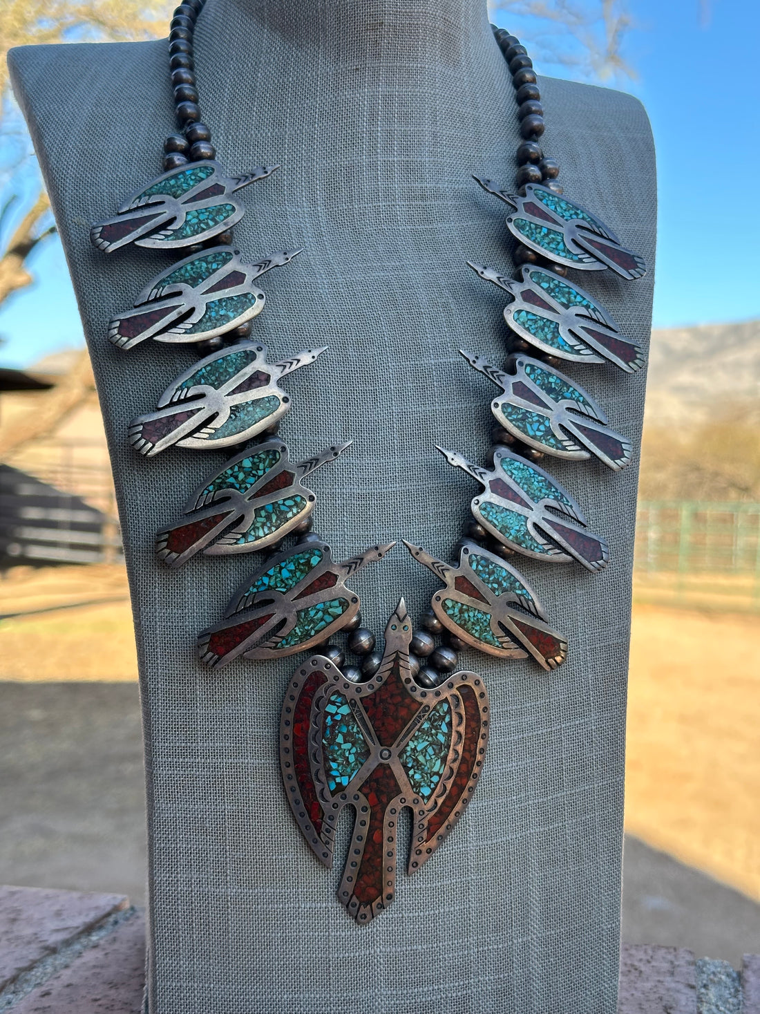 Estate Collection Old Pawn Navajo Turquoise & Coral Sterling Silver Chip Inlay Thunderbird Squash Blossom Necklace