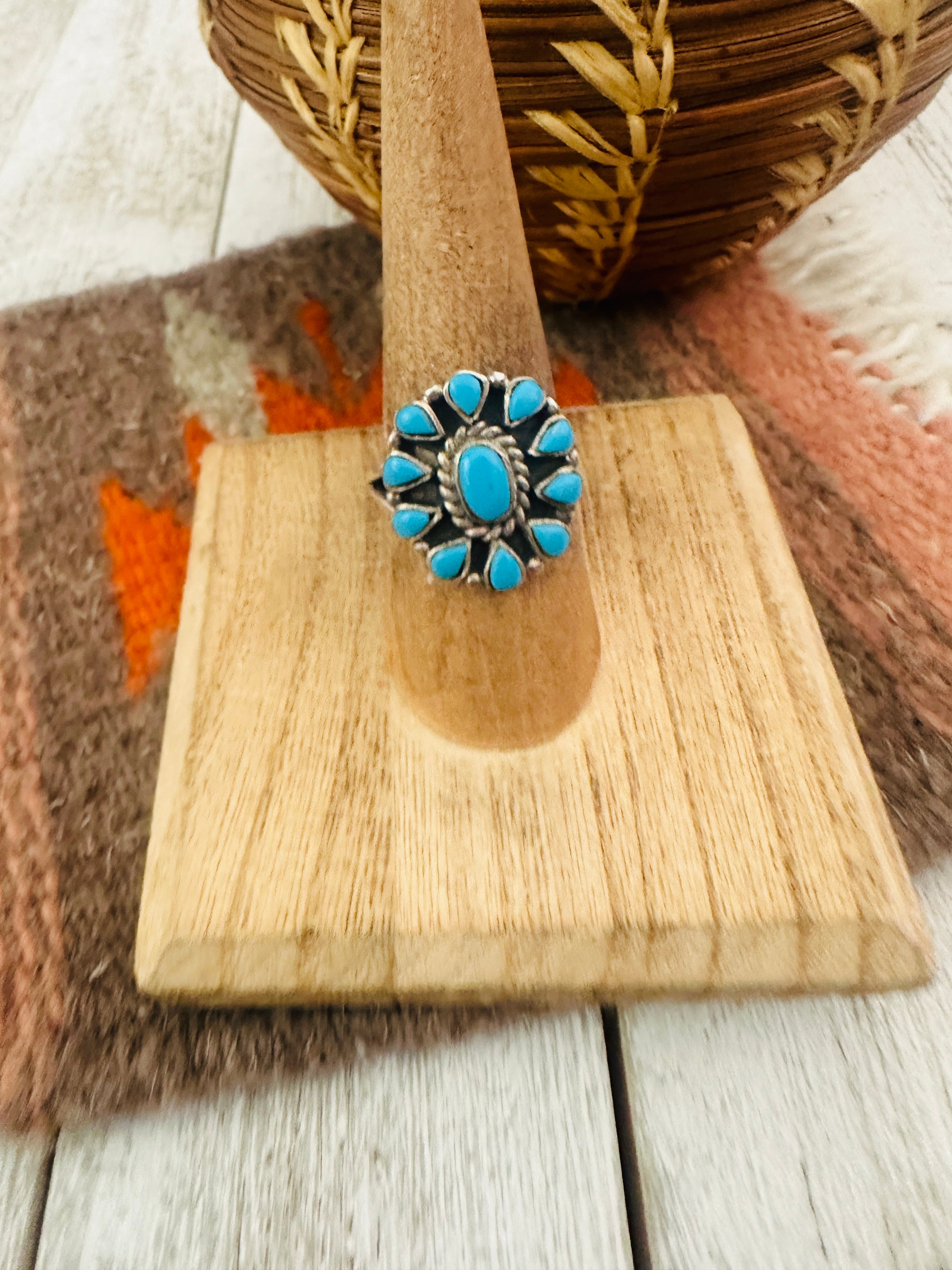 Navajo Turquoise & Sterling Silver Cluster Ring Size 7.25