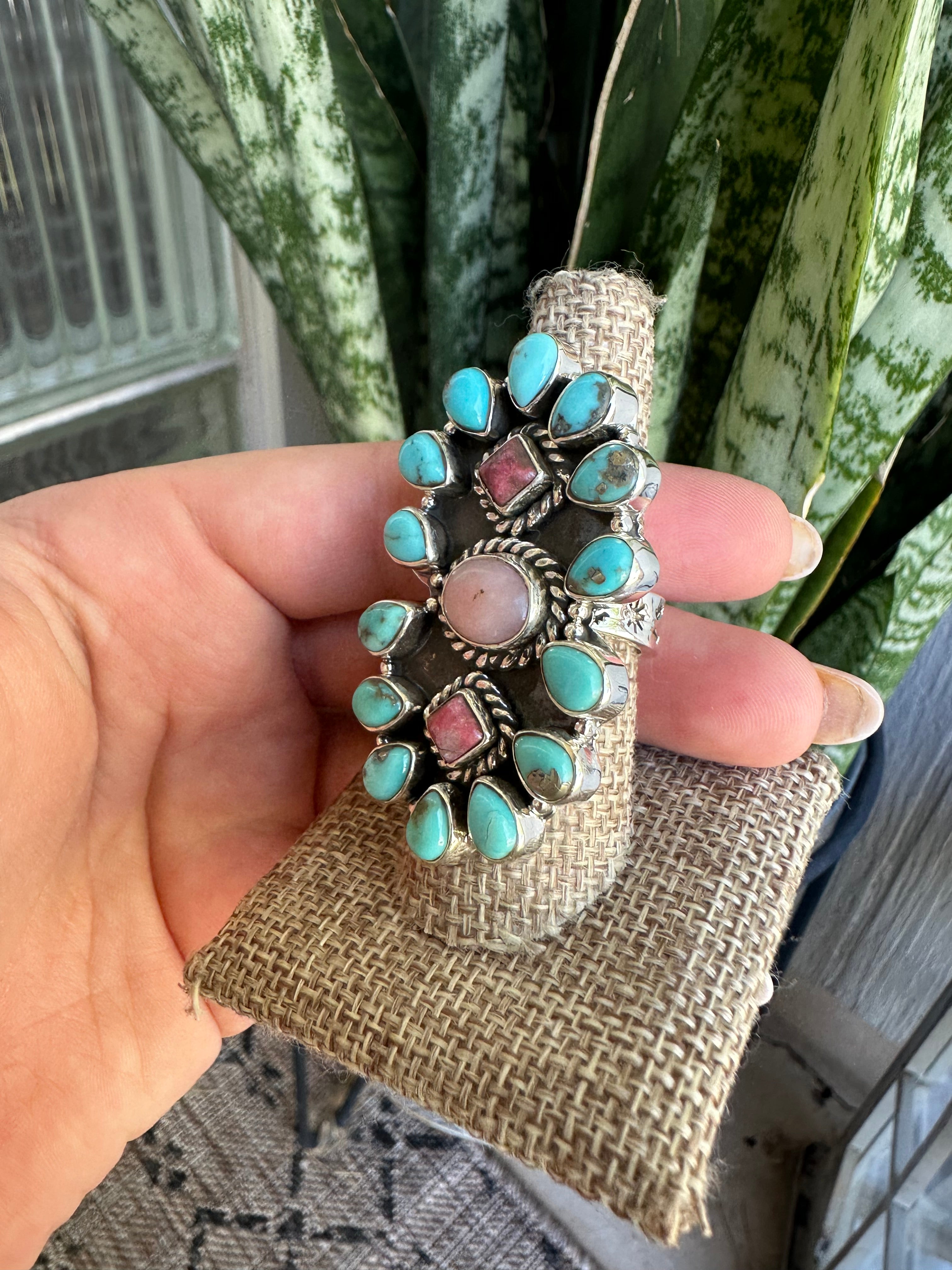 Beautiful Handmade Turquoise, Pink Conch, Rhodonite And Sterling Silver Adjustable Cluster Ring