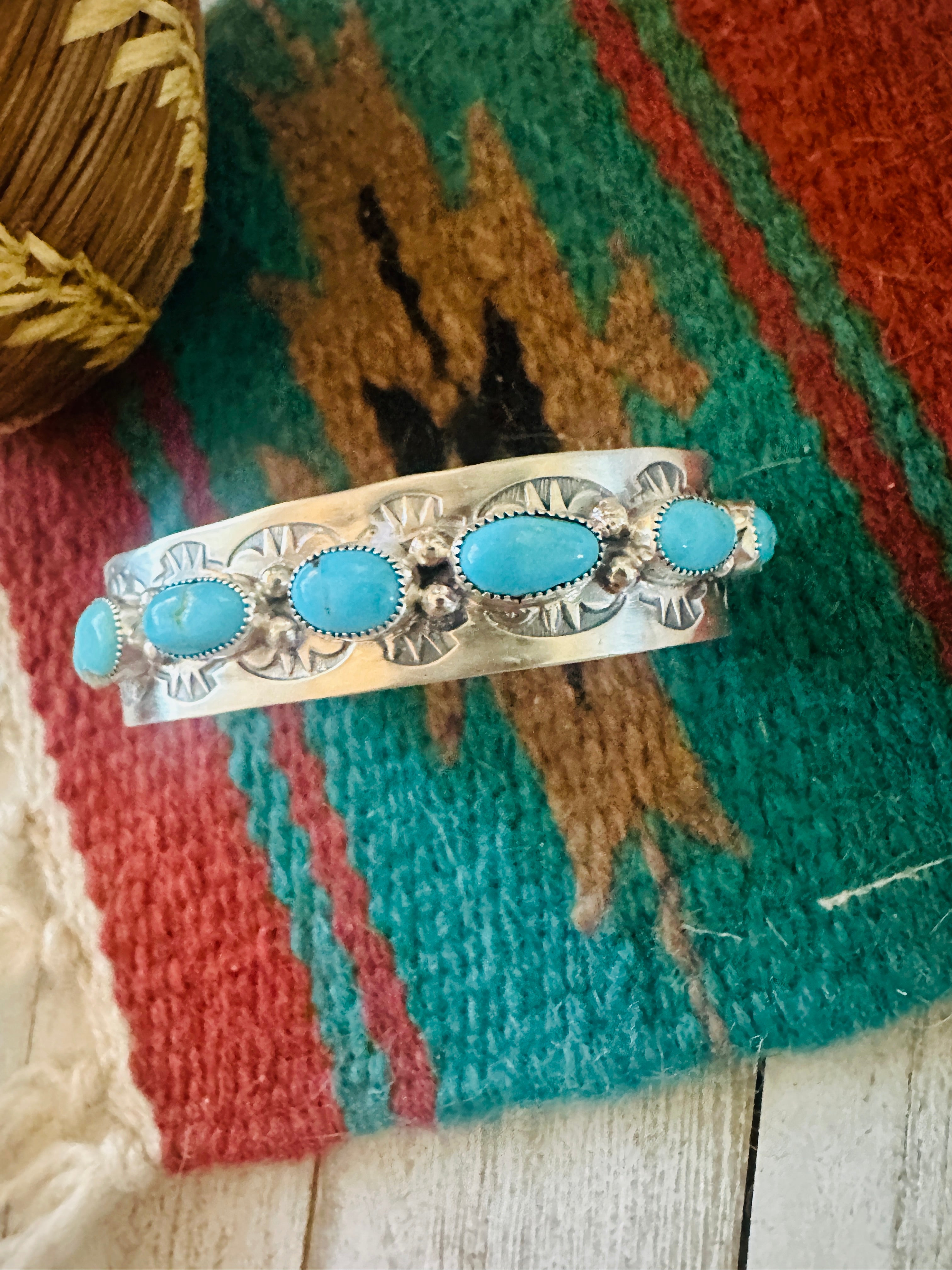 Navajo Hand Stamped Sterling Silver & Turquoise Cuff Bracelet by Benson Shorty