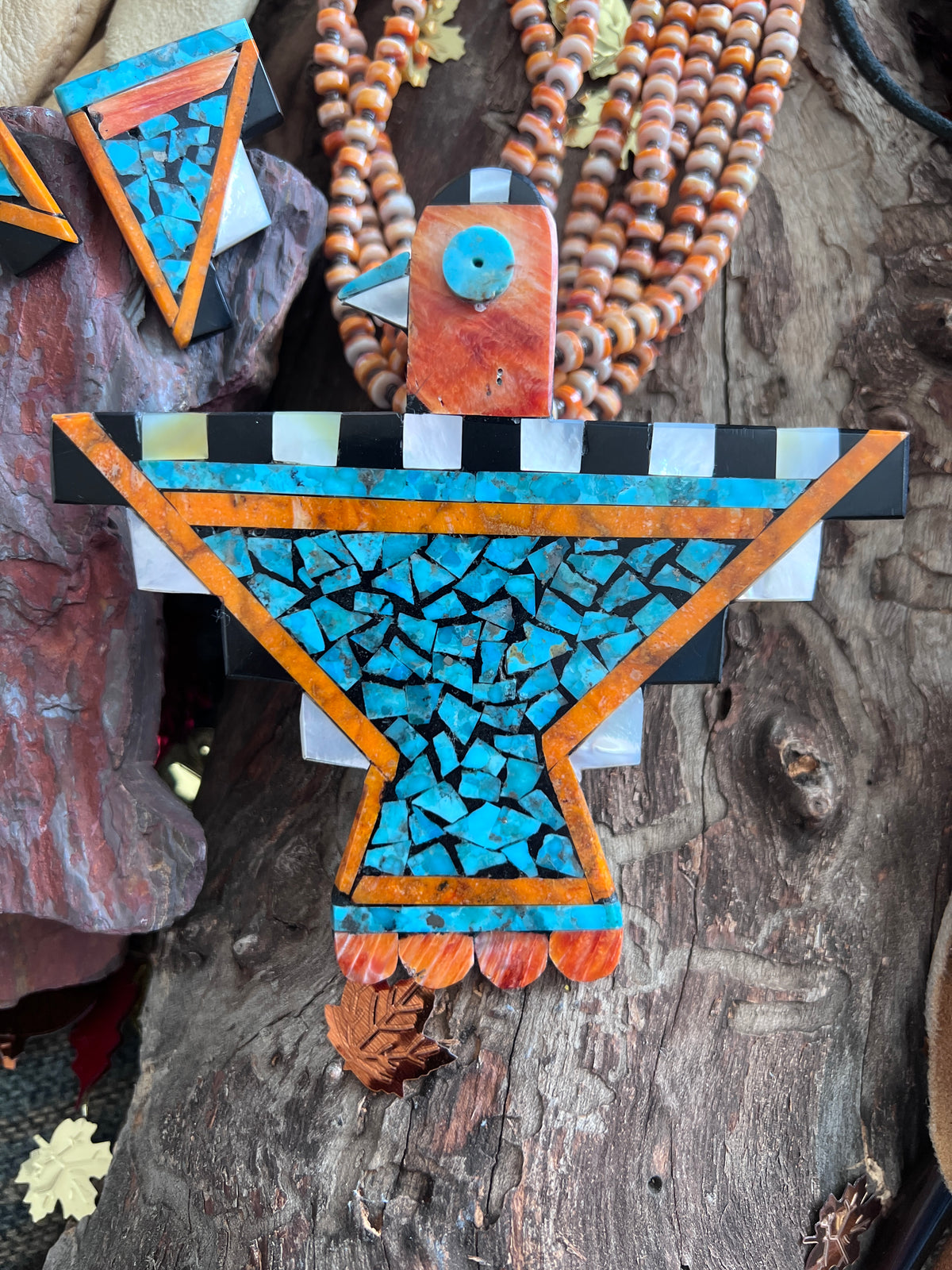 Warren Nieto Inlay Turquoise and Spiny Oyster Thunderbird  Necklace & Earrings Set