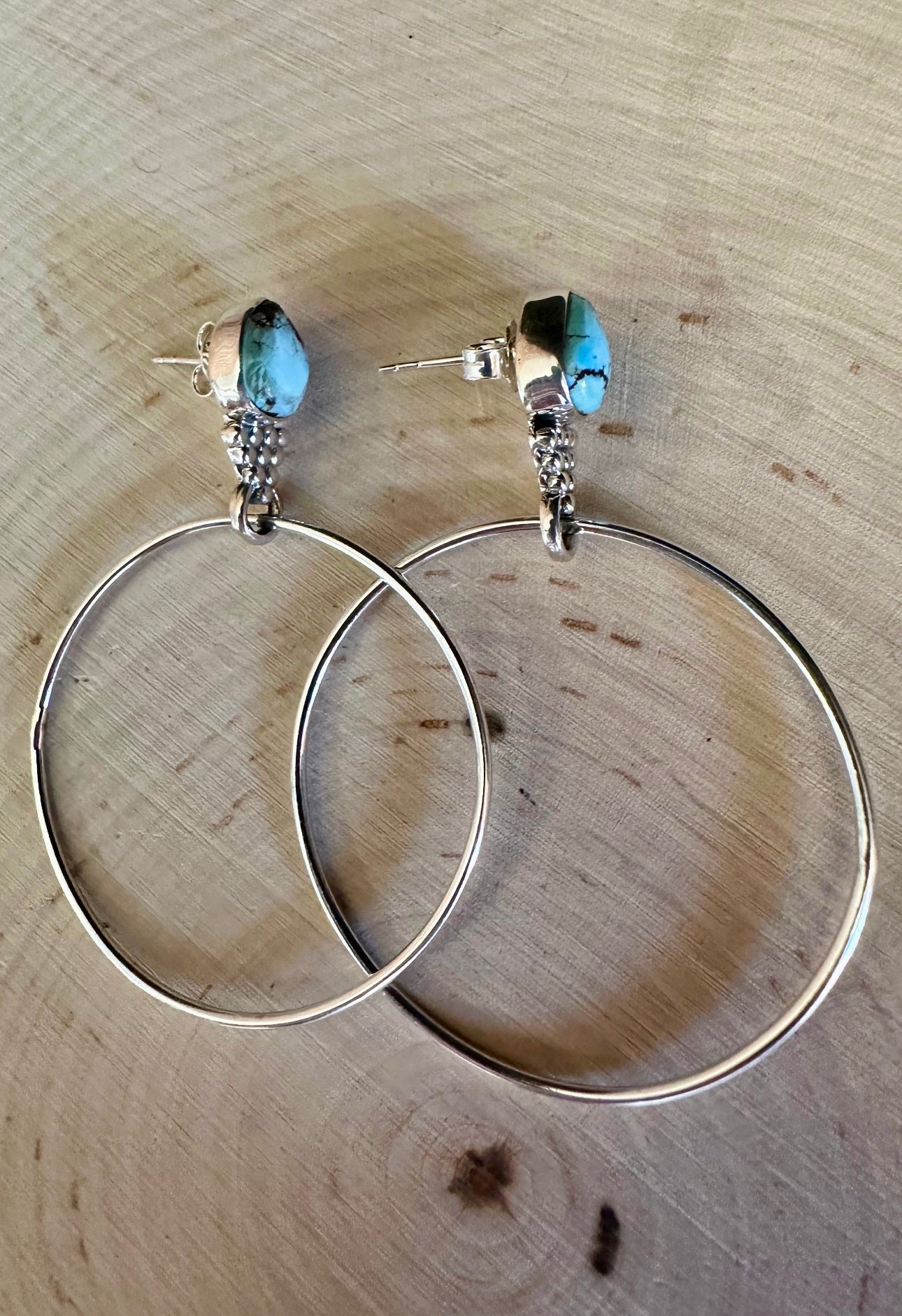 Handmade Golden Hills Turquoise & Sterling Silver Hoop Earrings Signed Nizhoni