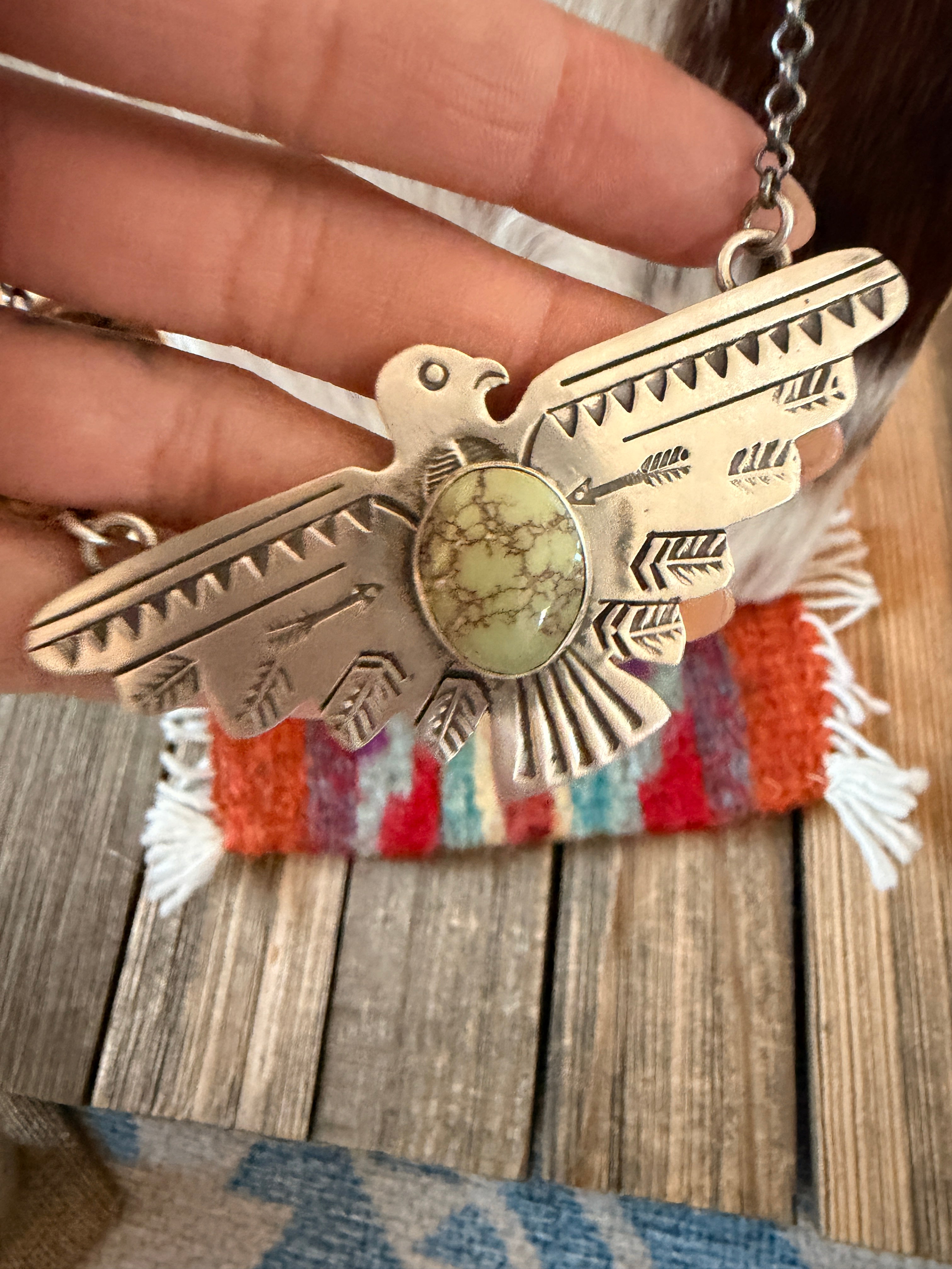 Handcrafted Turquoise & Sterling Silver Thunderbird Necklace by Russell Sam