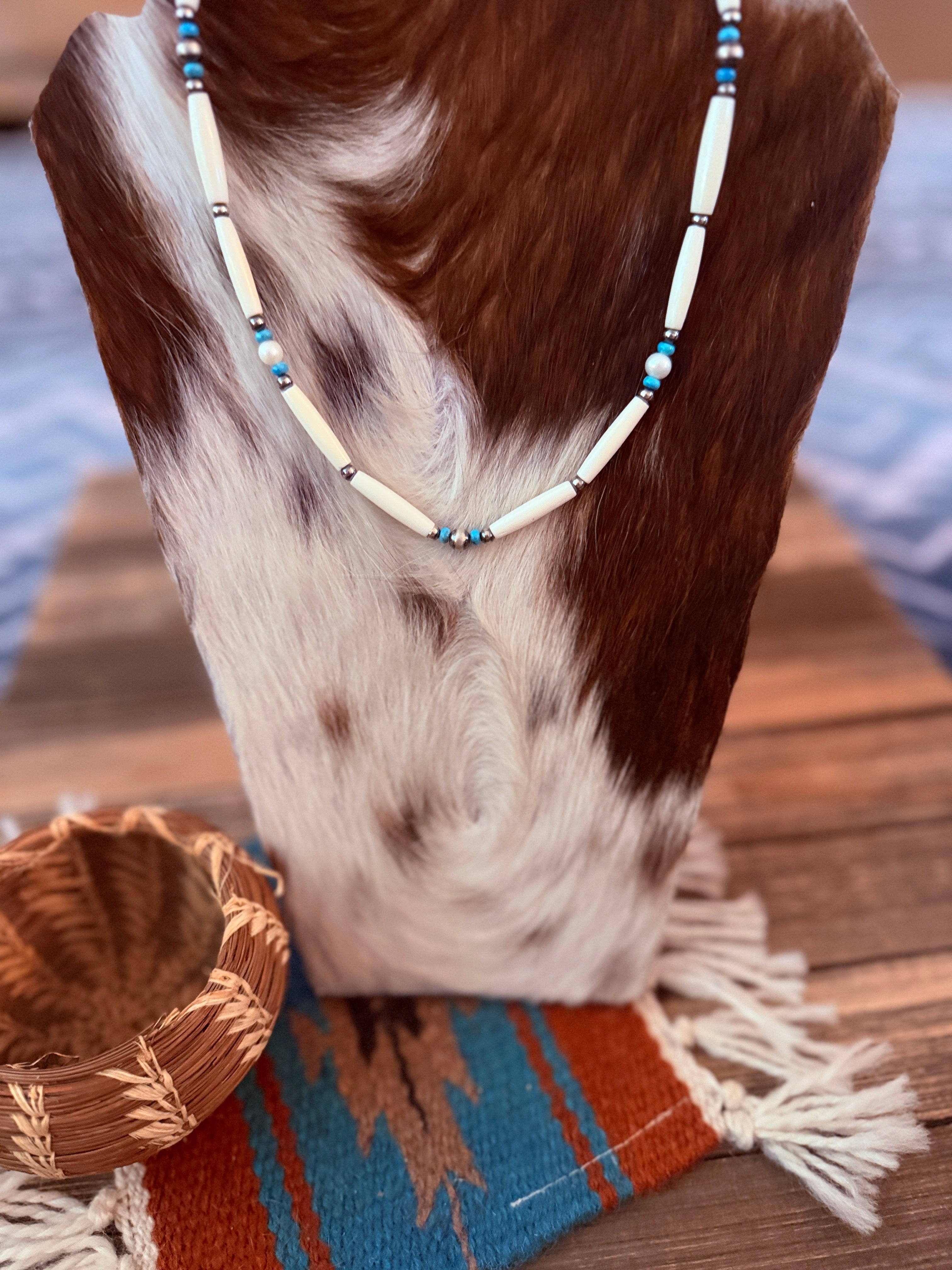 Handcrafted Sterling Silver, Bone, Pearl & Turquoise 19" Beaded Necklace