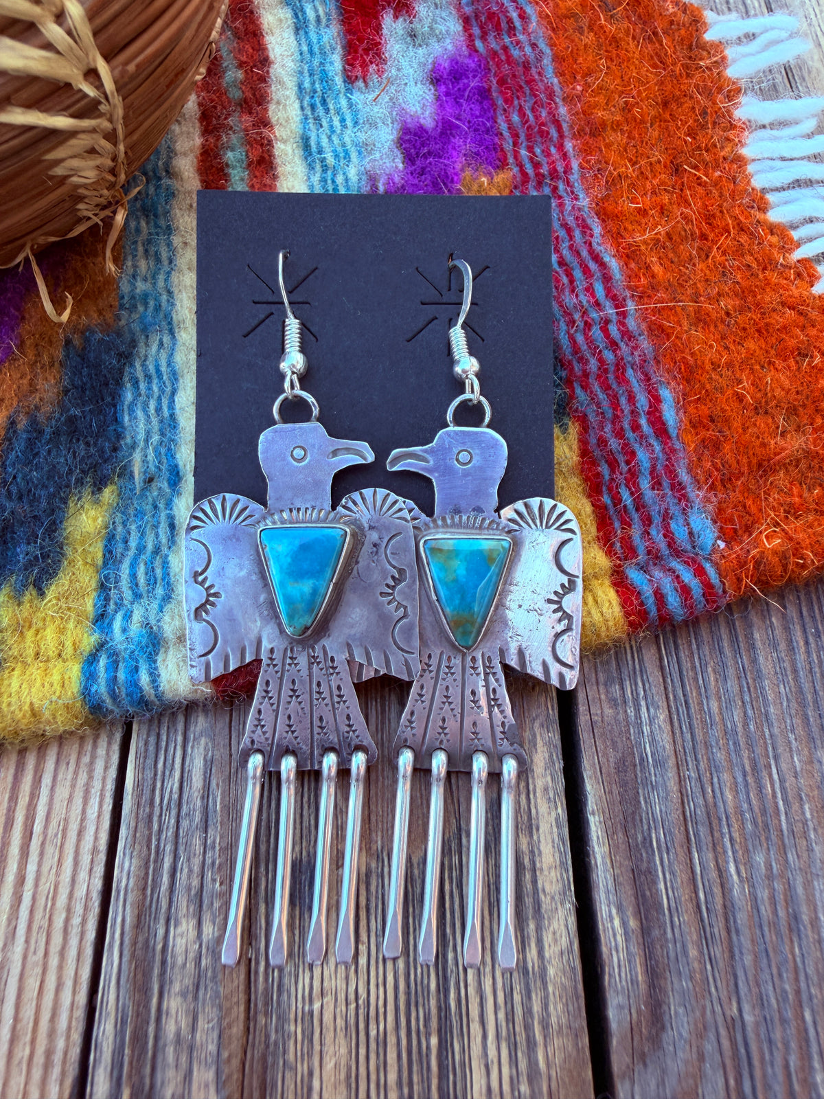 Handcrafted Sterling Silver & Turquoise Thunderbird Dangle Earrings by Vernon Begay