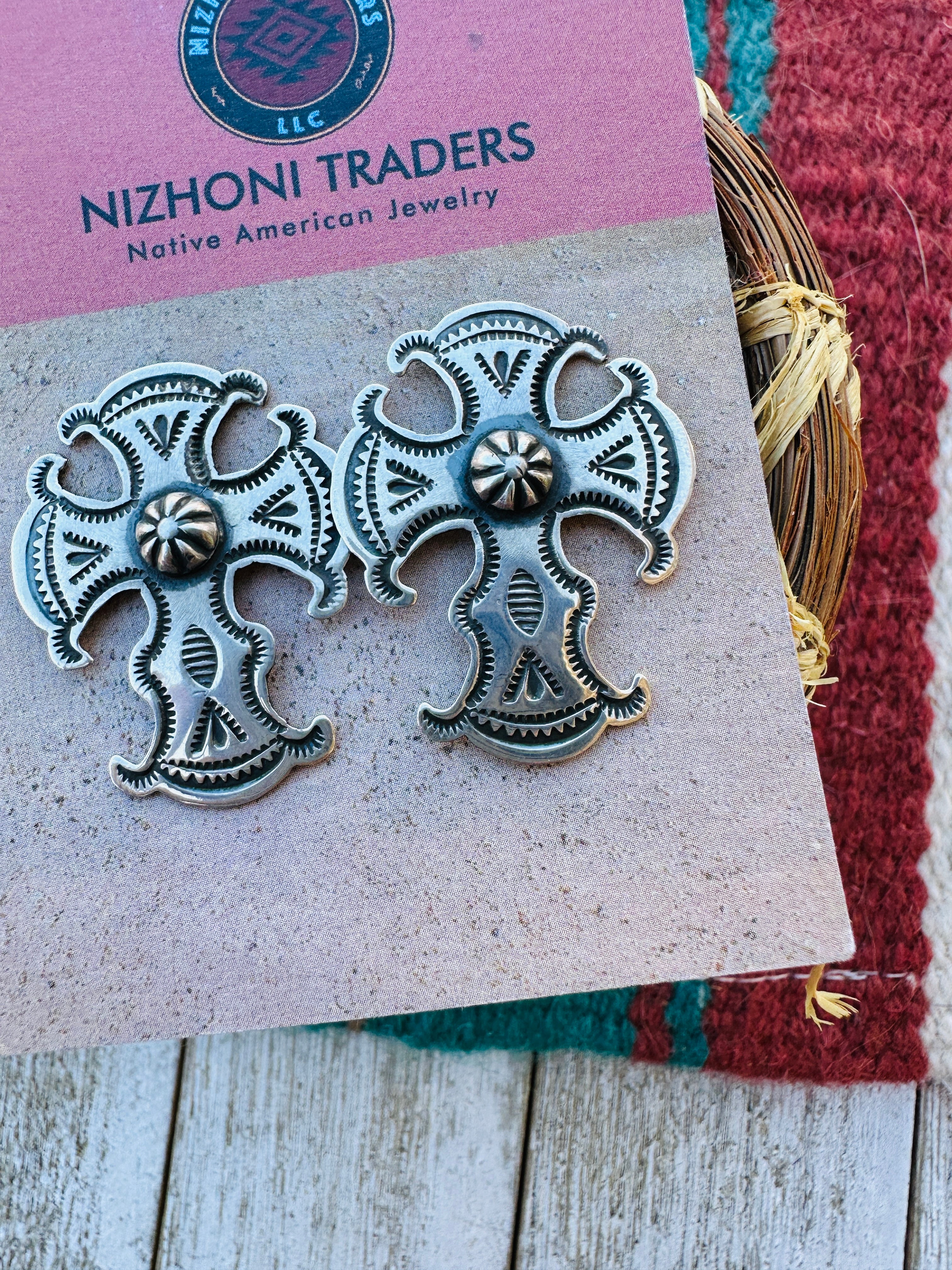 Handcrafted Sterling Silver Concho Cross Post Earrings by Happy Piasso