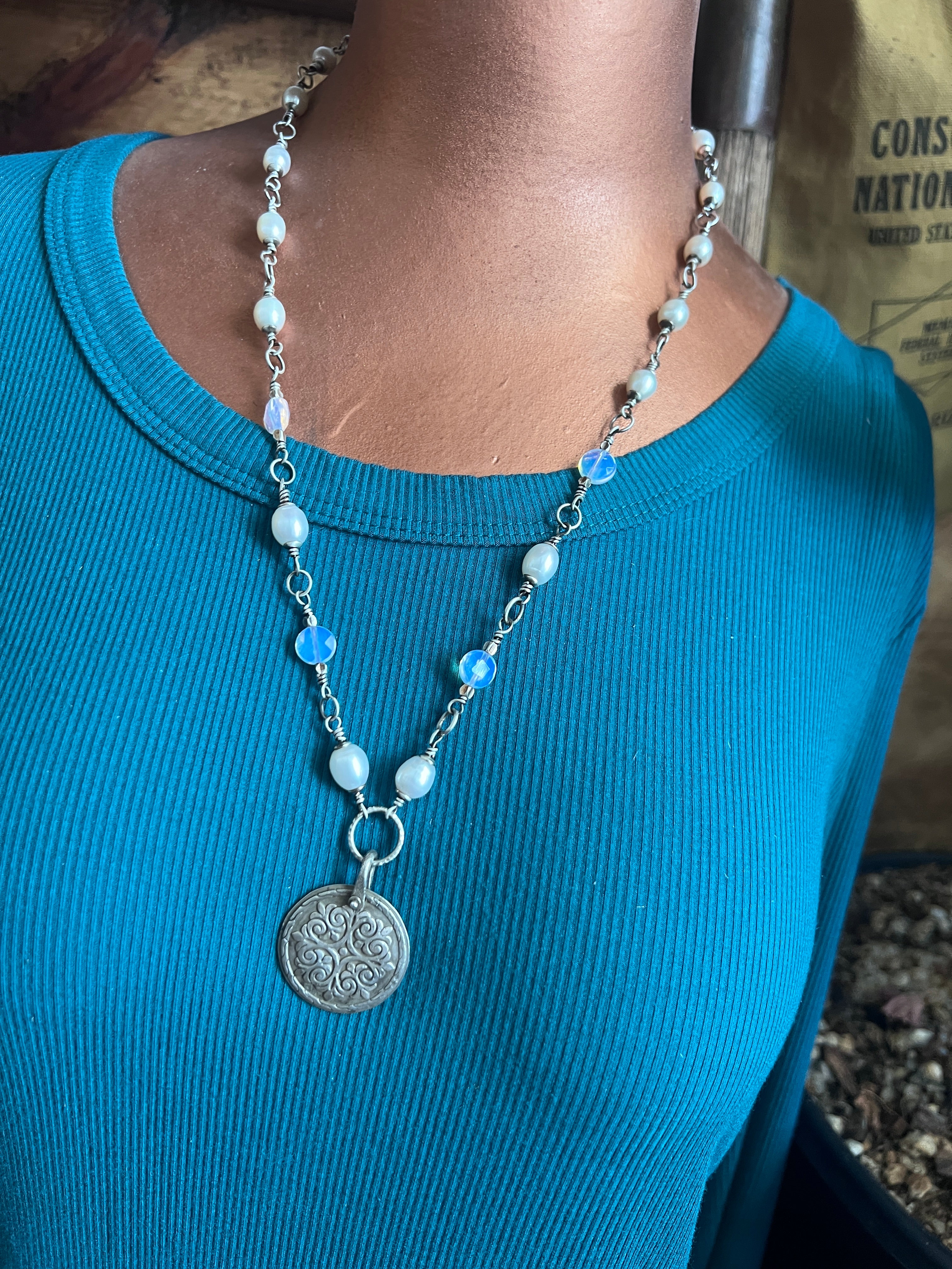Tularosa Rosary Style Sterling Silver and Freshwater Pearl Siren’s Song Relic Coin Beaded Necklace