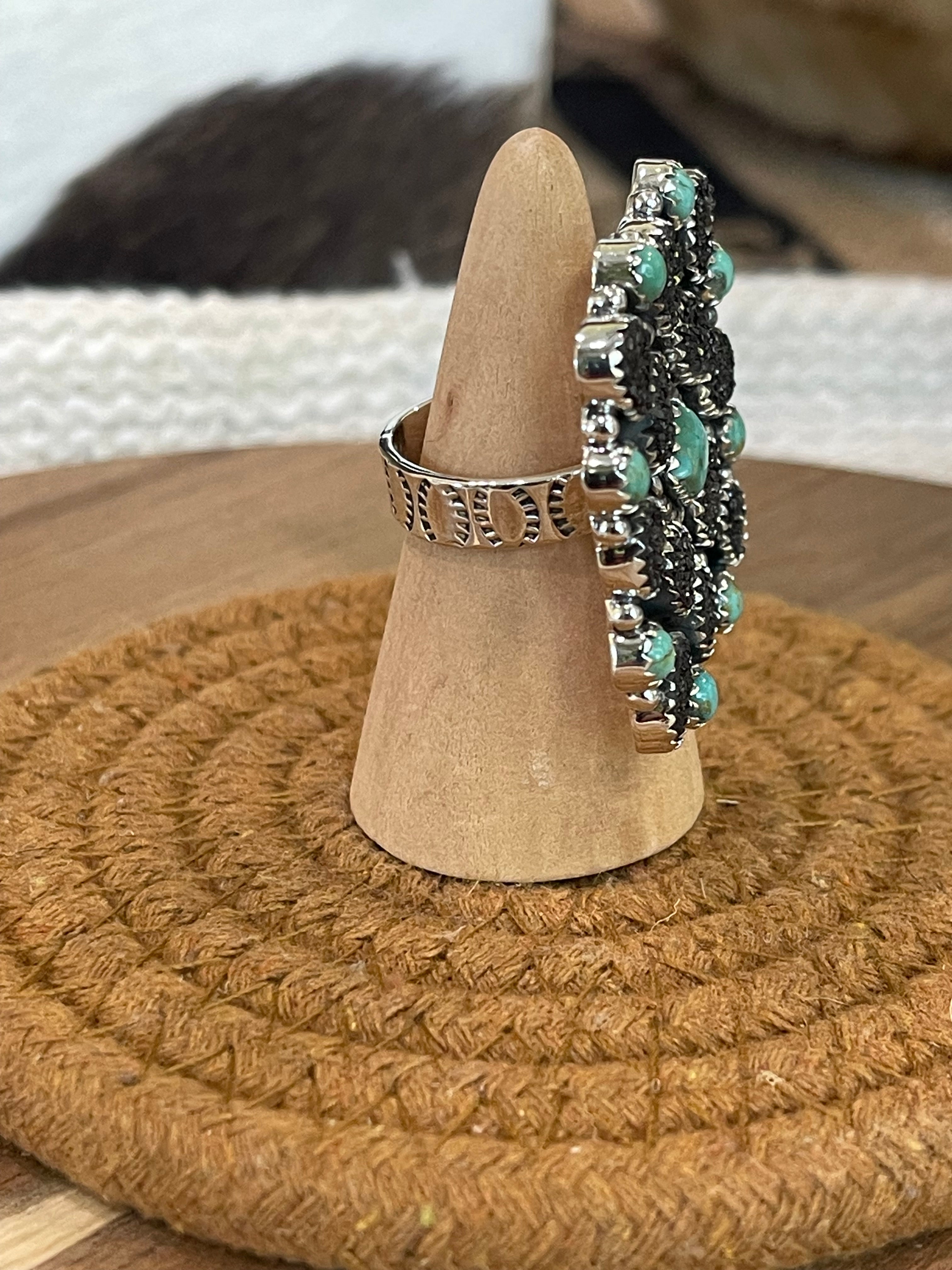 Handcrafted Sterling Silver, Kingman Turquoise & Druzy Adjustable Cluster Ring