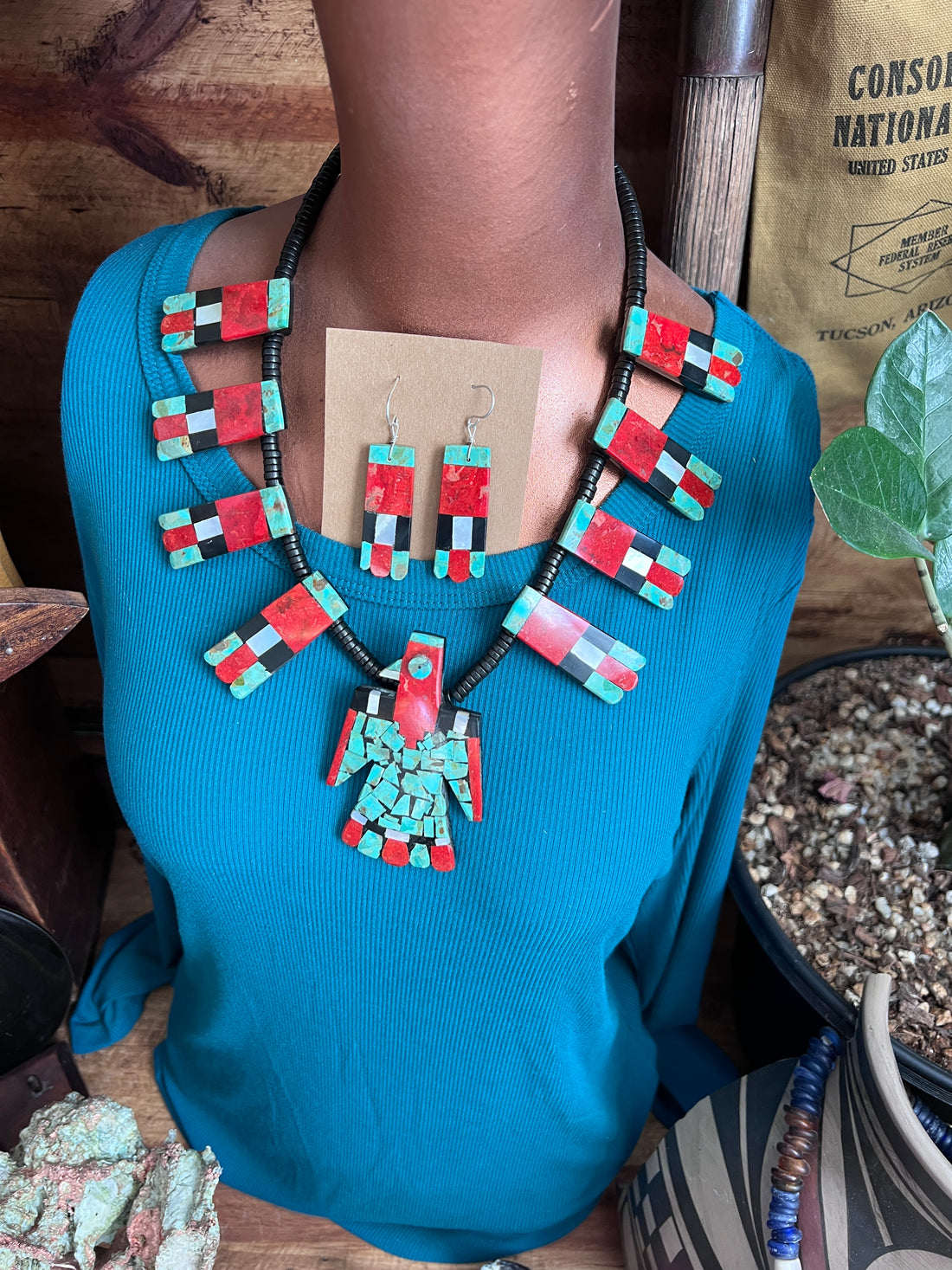 Handcrafted Inlay Turquoise and Apple Coral Thunderbird Tab Necklace & Earrings Set by Warren Nieto