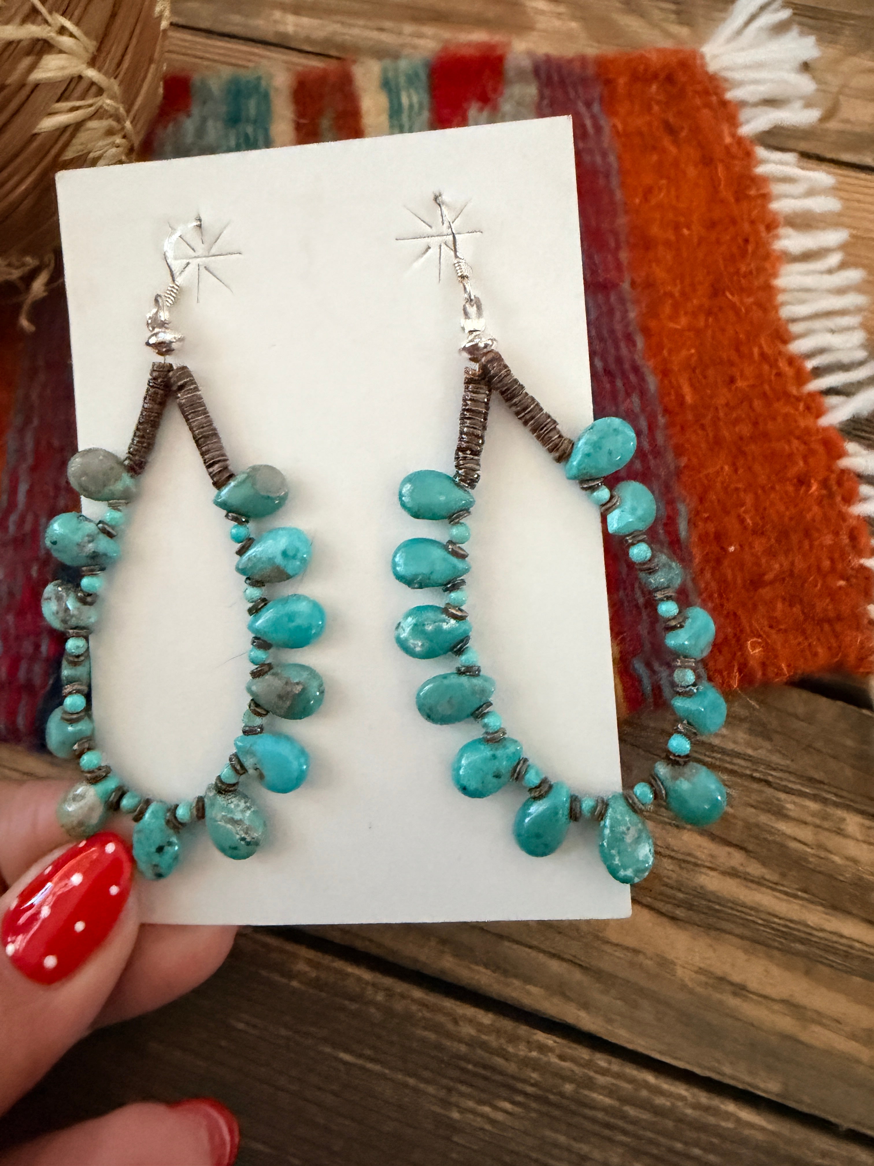 Handcrafted Heishi Shell & Turquoise Beaded Dangle Hoop Earrings