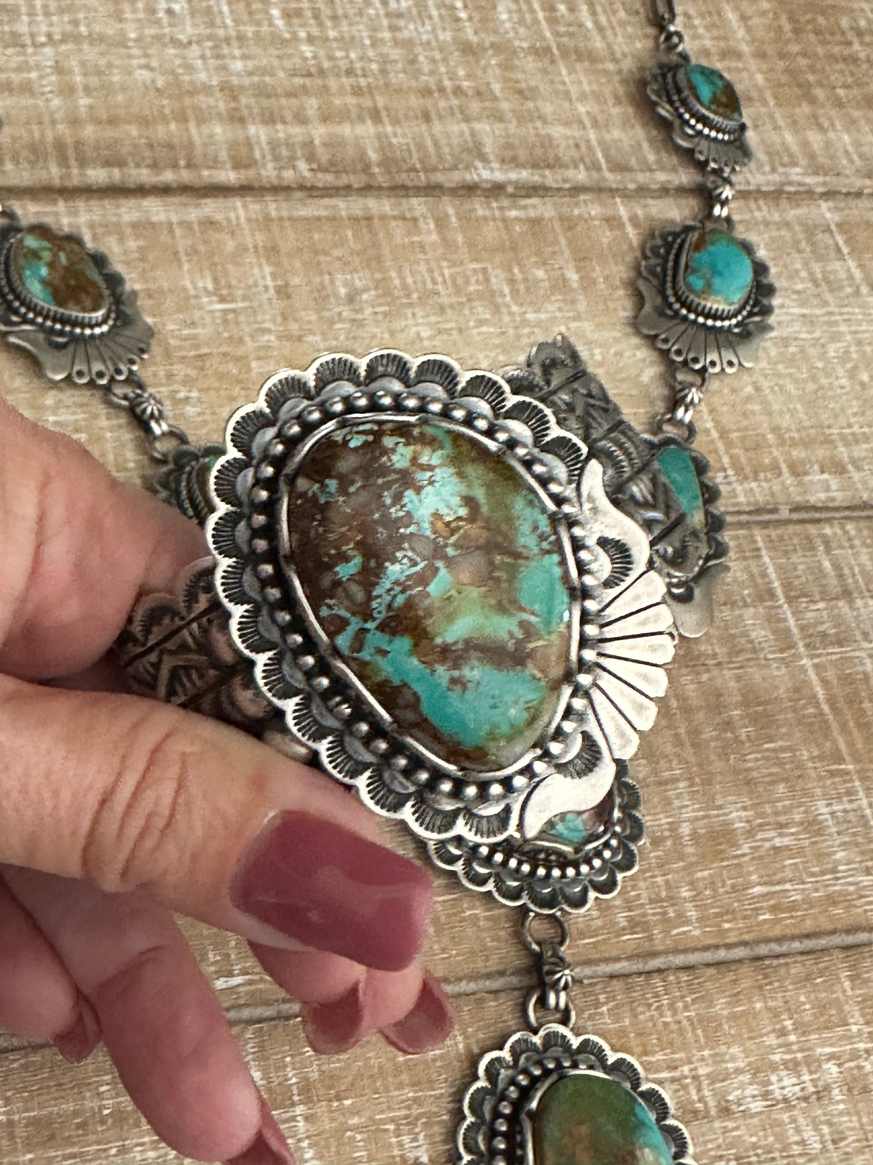 Charles Johnson Navajo Royston Turquoise & Sterling Silver Necklace, Bracelet and Ring Set Signed