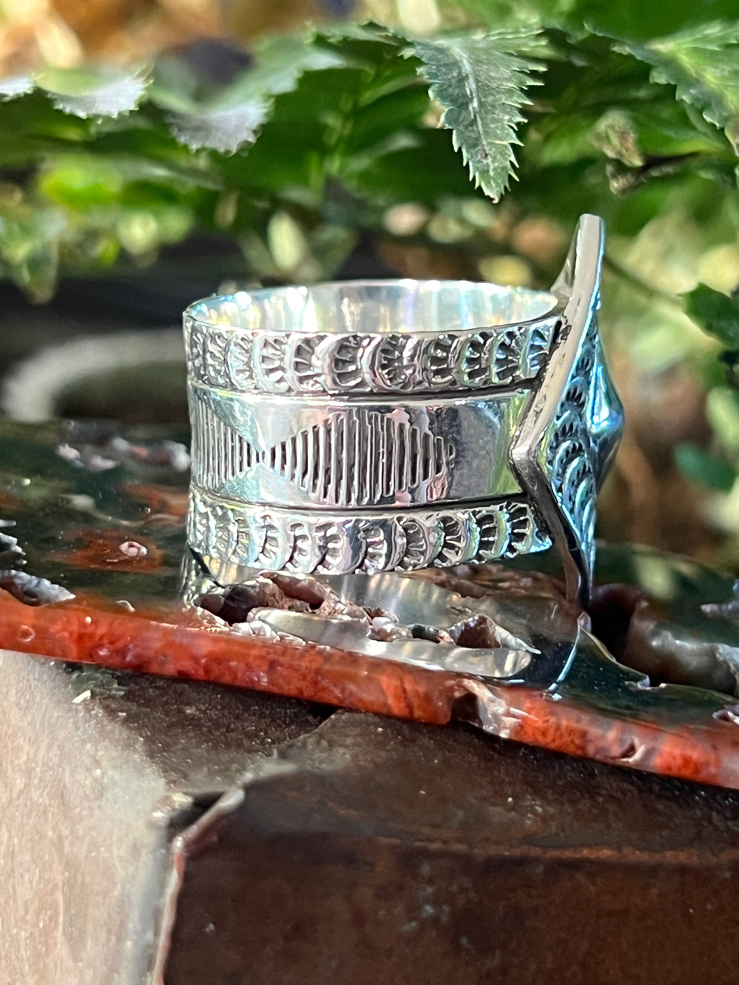 Handcrafted Hand Stamped Sterling Silver Diamond Motif Wide Shank Ring by Shaun Rogers, Size 11.5