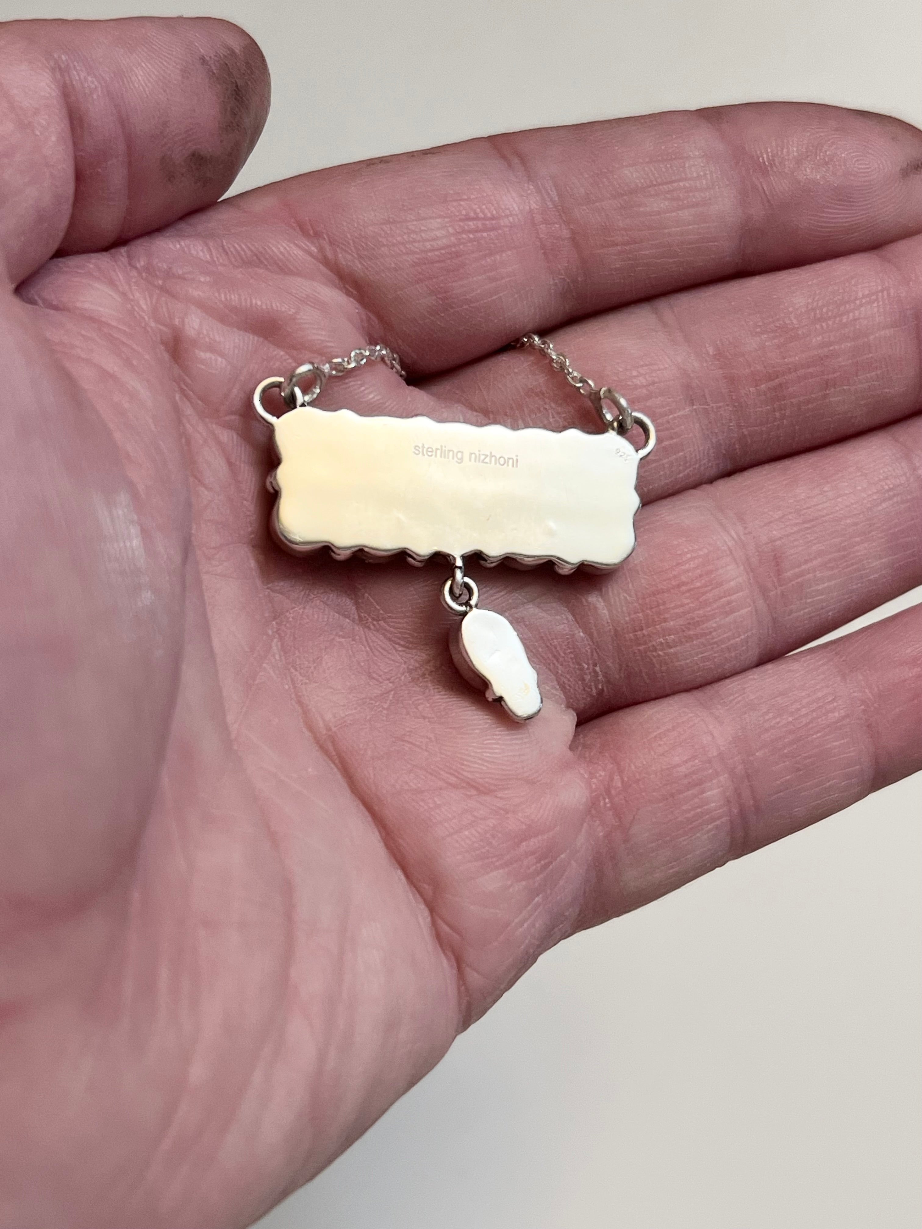 Handmade Sterling Silver & Fire Blue Opal Tear Drop Dangle, Bar Necklace