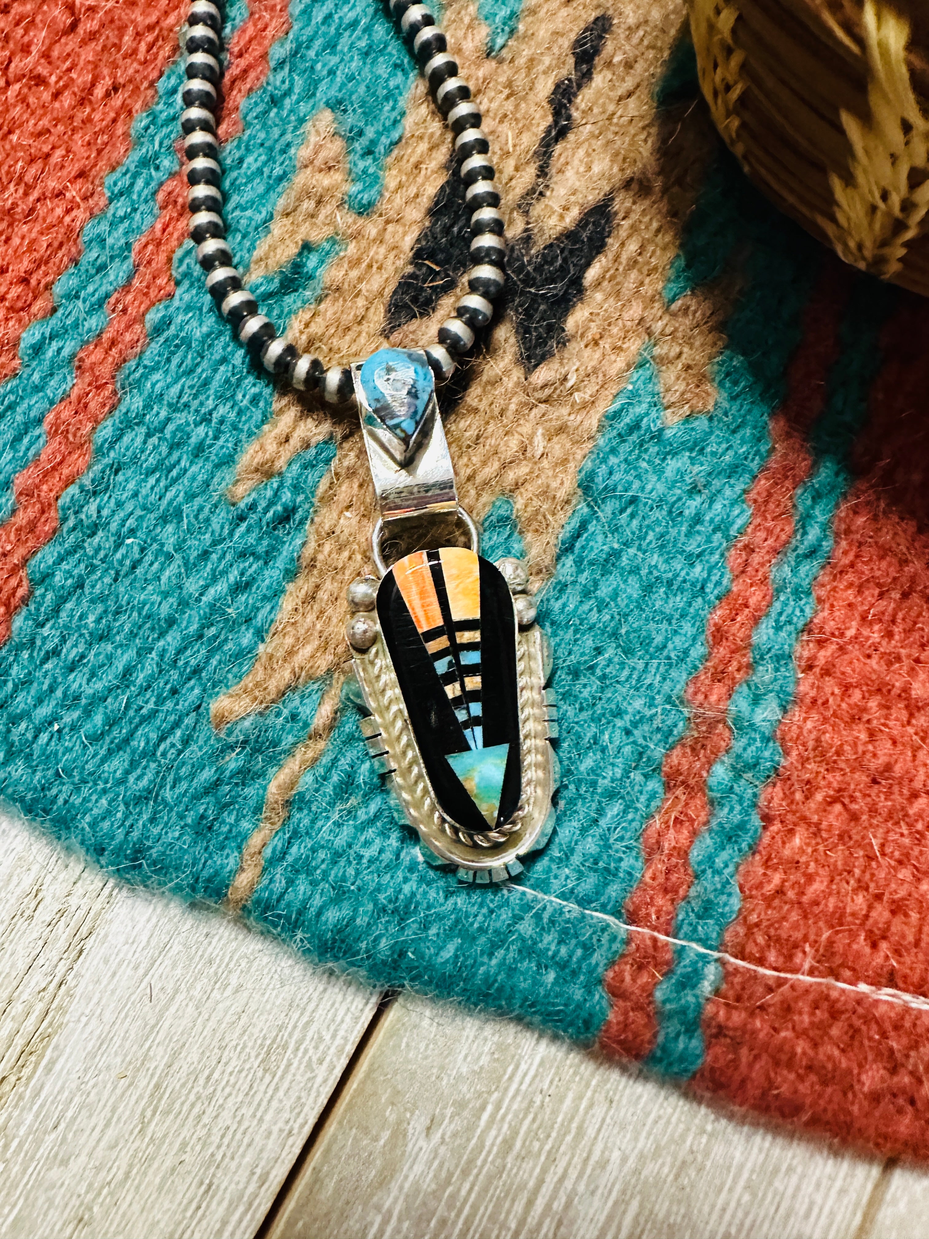 Handcrafted Sterling Silver and Multi Stone Inlay Pendant by Ray Jack