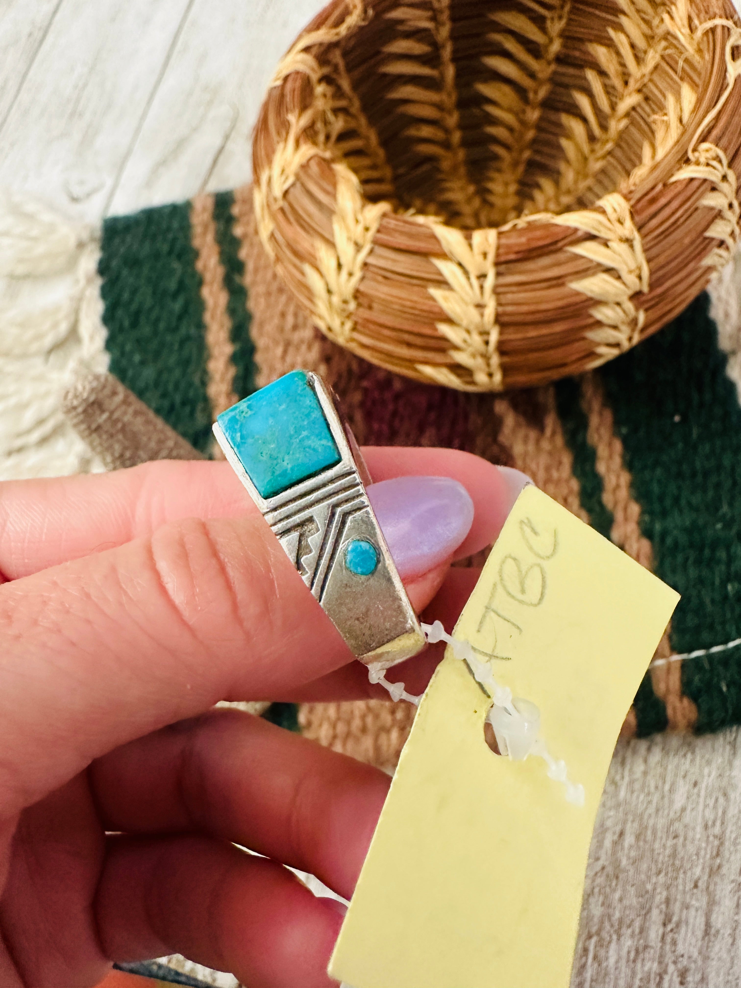 Old Pawn Handcrafted Turquoise & Sterling Silver Inlay Band Ring Size 10