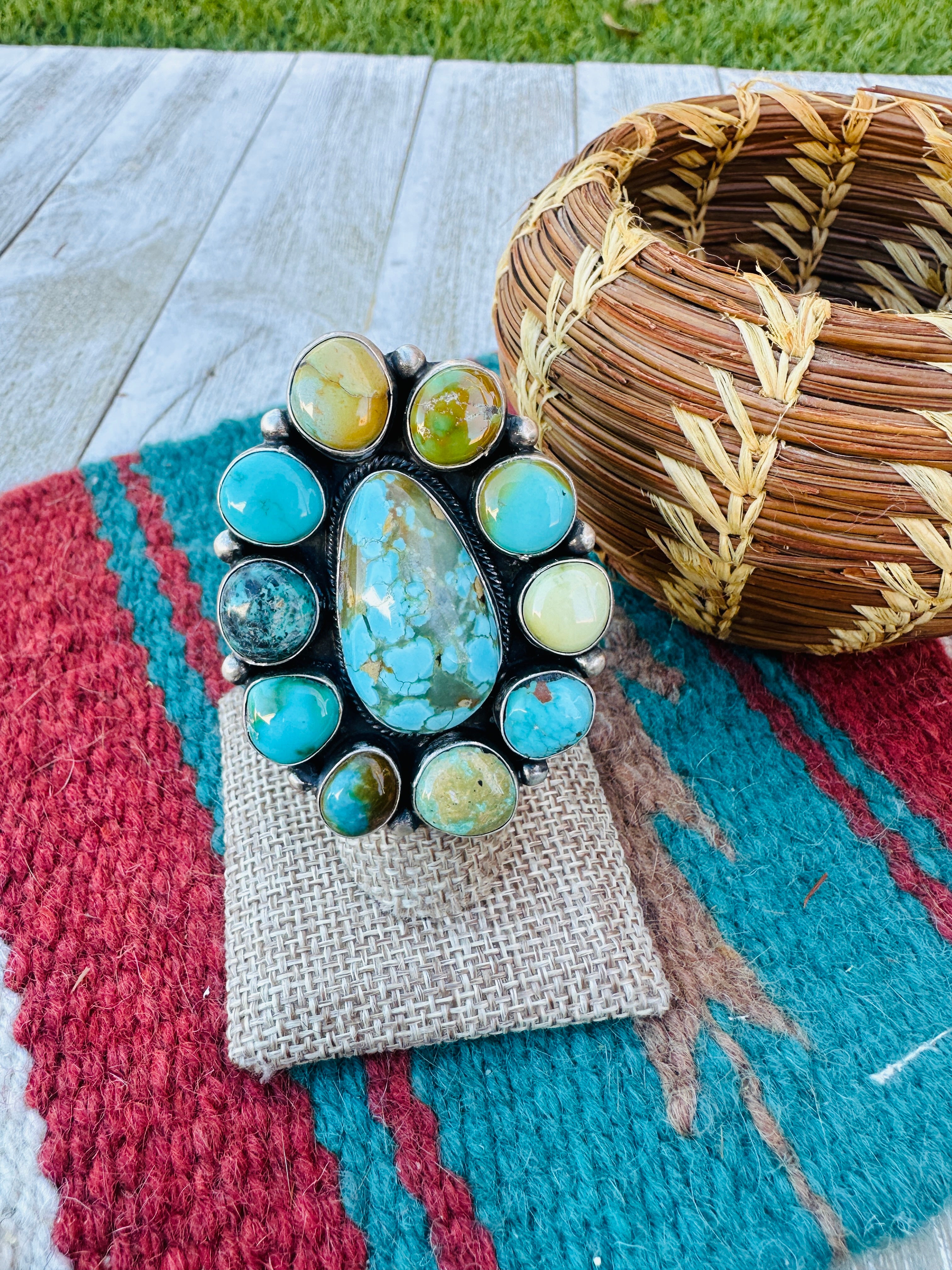 Hand Crafted Turquoise & Sterling Silver Cluster Ring Size 6.5 by Ella Peter