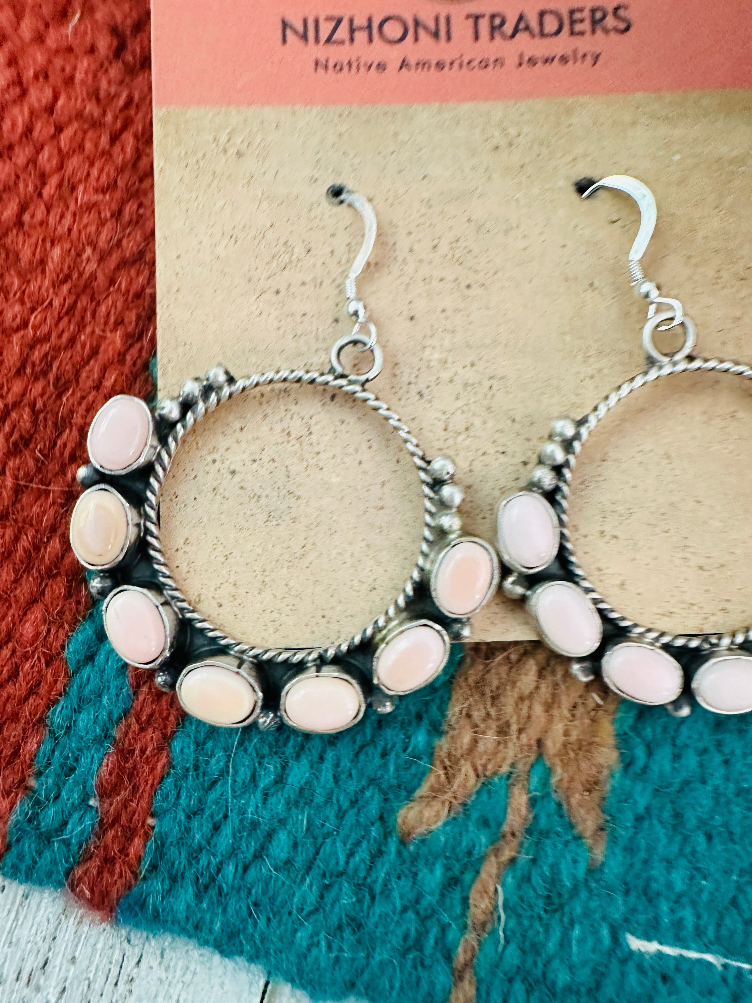 Navajo Queen Pink Conch & Sterling Silver Circle Dangle Earrings Signed