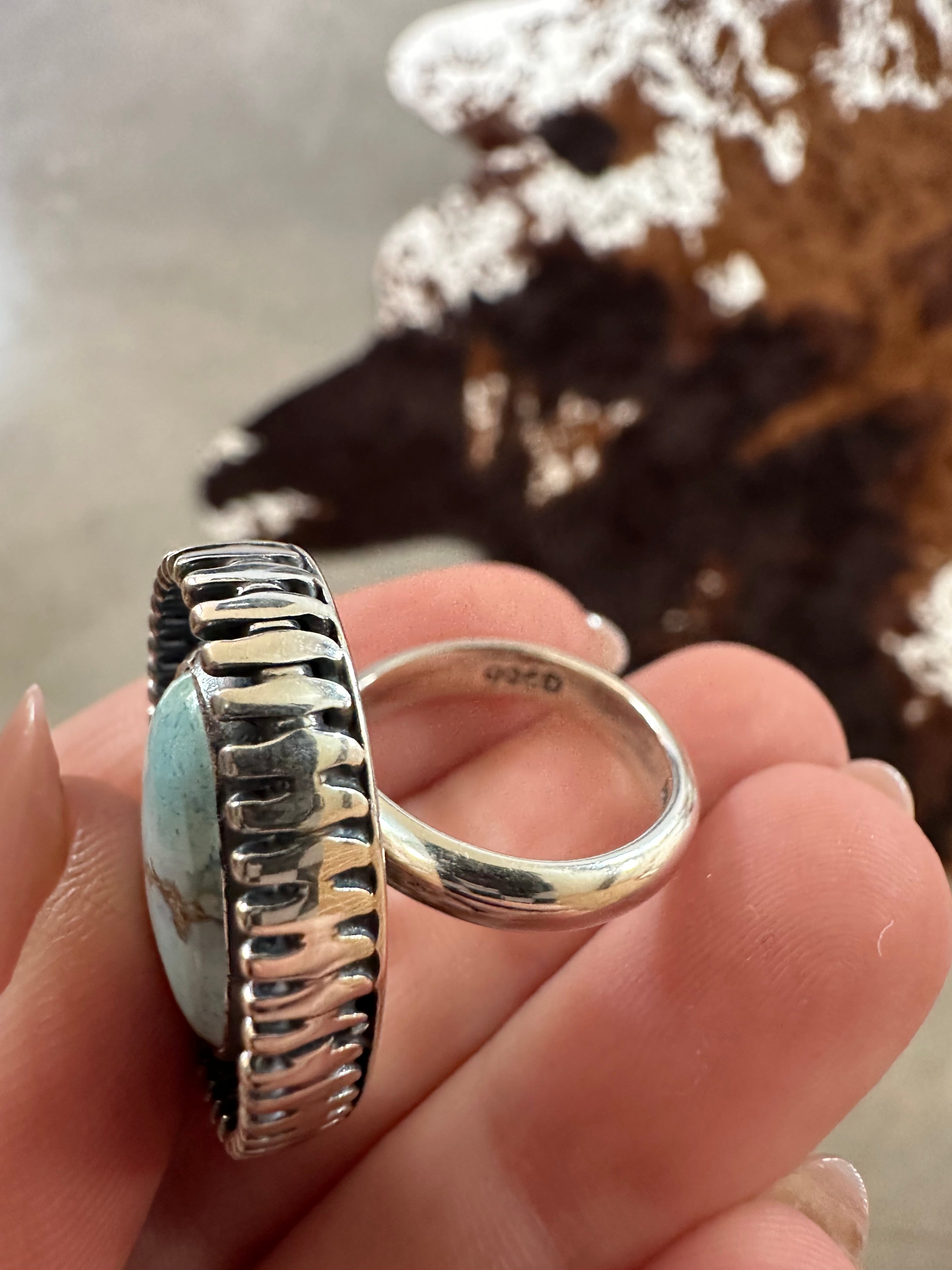 Beautiful Navajo Sterling Silver & Single Stone Golden Hills Turquoise Adjustable Ring Signed