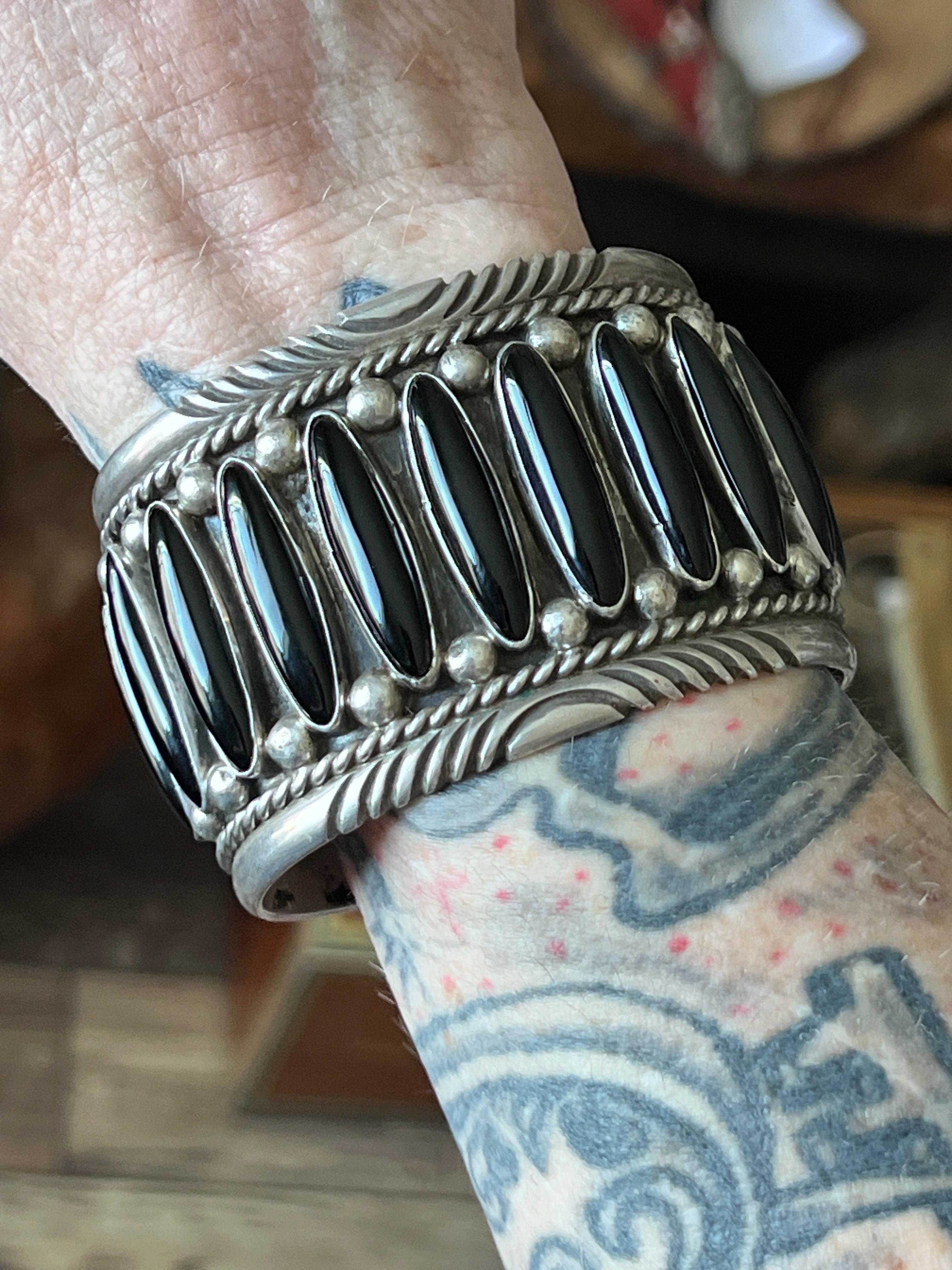 Old Pawn Sterling Silver and Black Onyx Cuff Bracelet by Tommy Moore