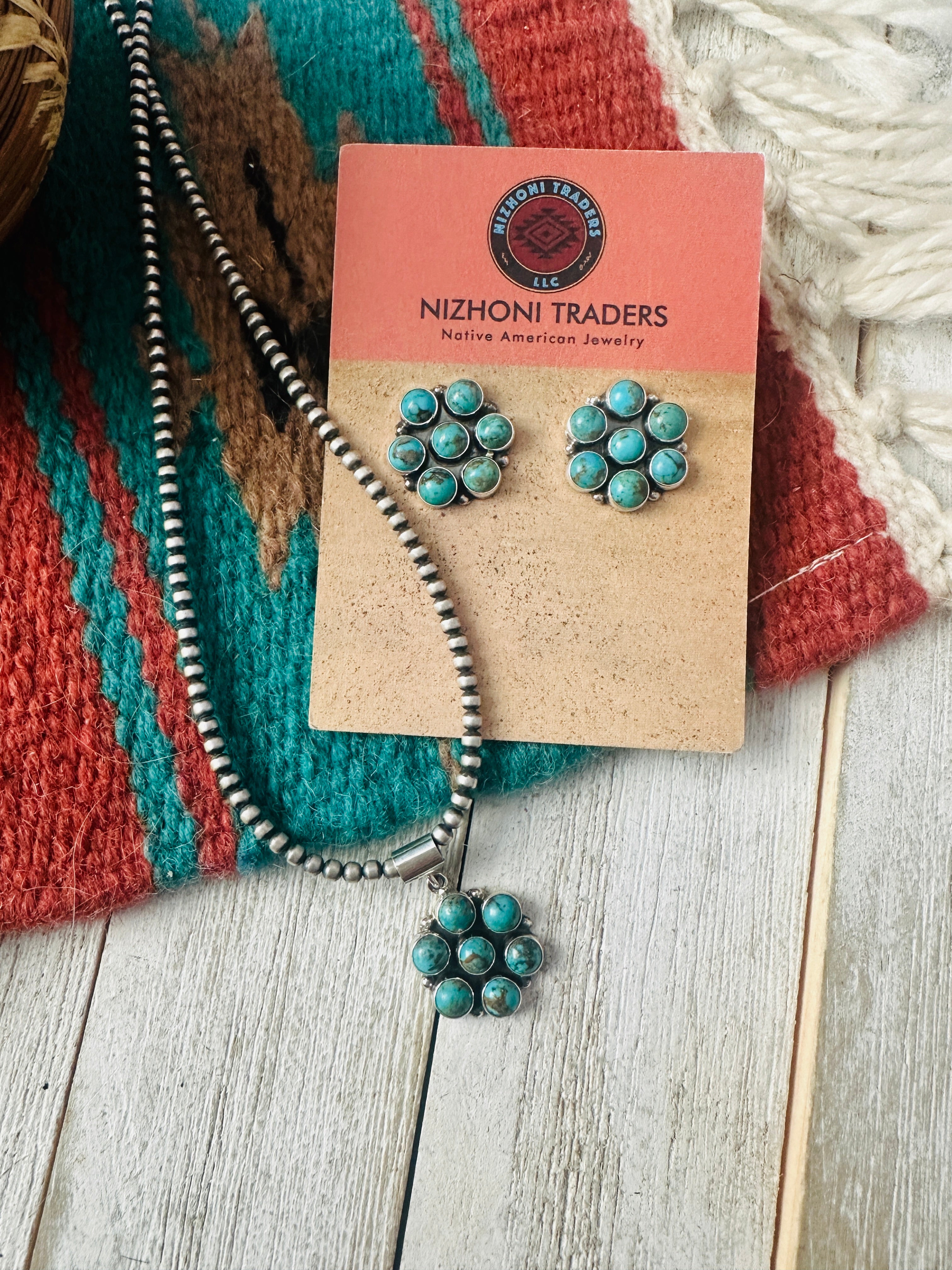 Navajo Sterling Silver & Turquoise Cluster Pendant and Earring Set