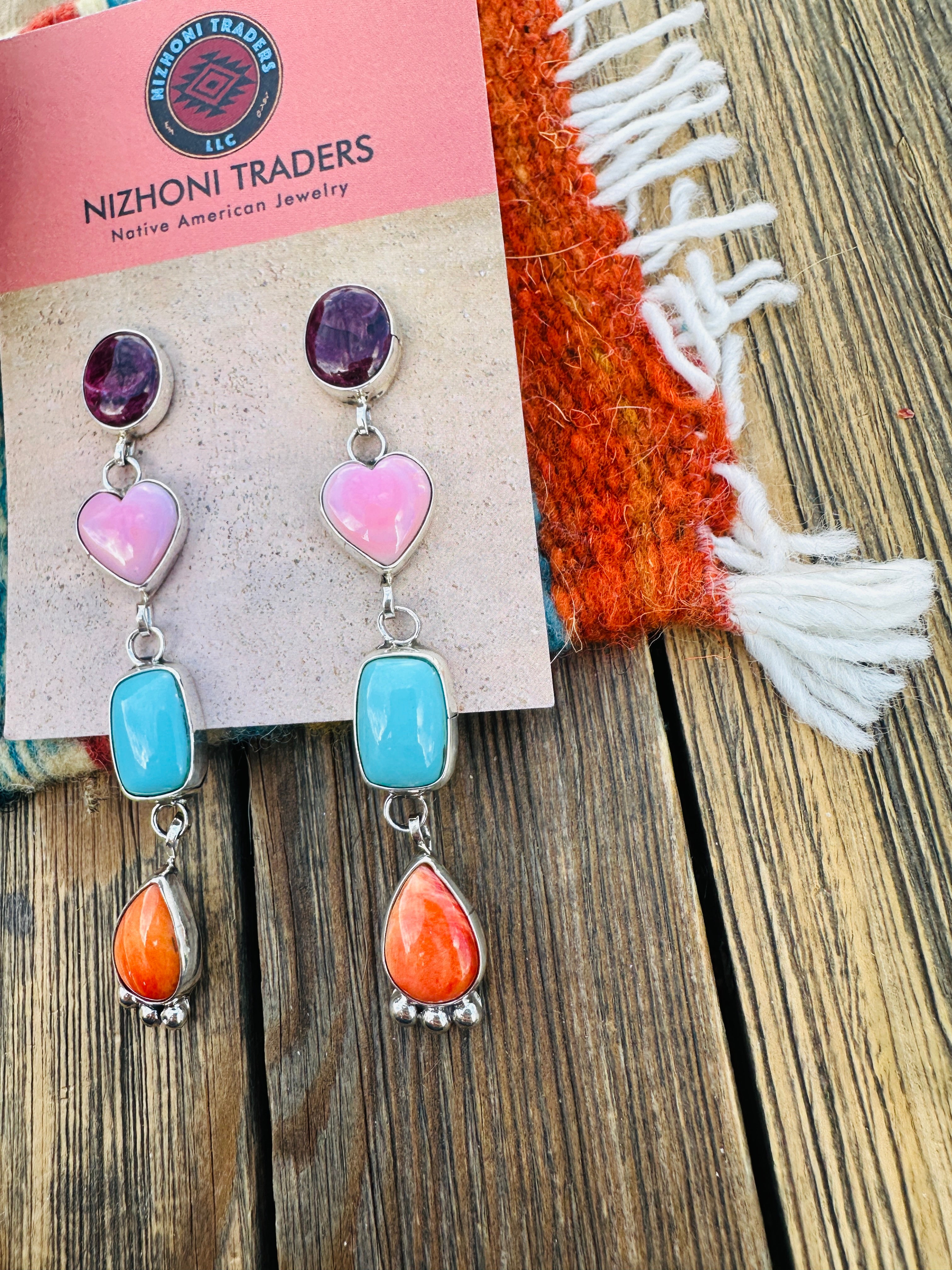 Handcrafted Multi Stone And Sterling Silver Heart Dangle Earrings by Juanita McDonald