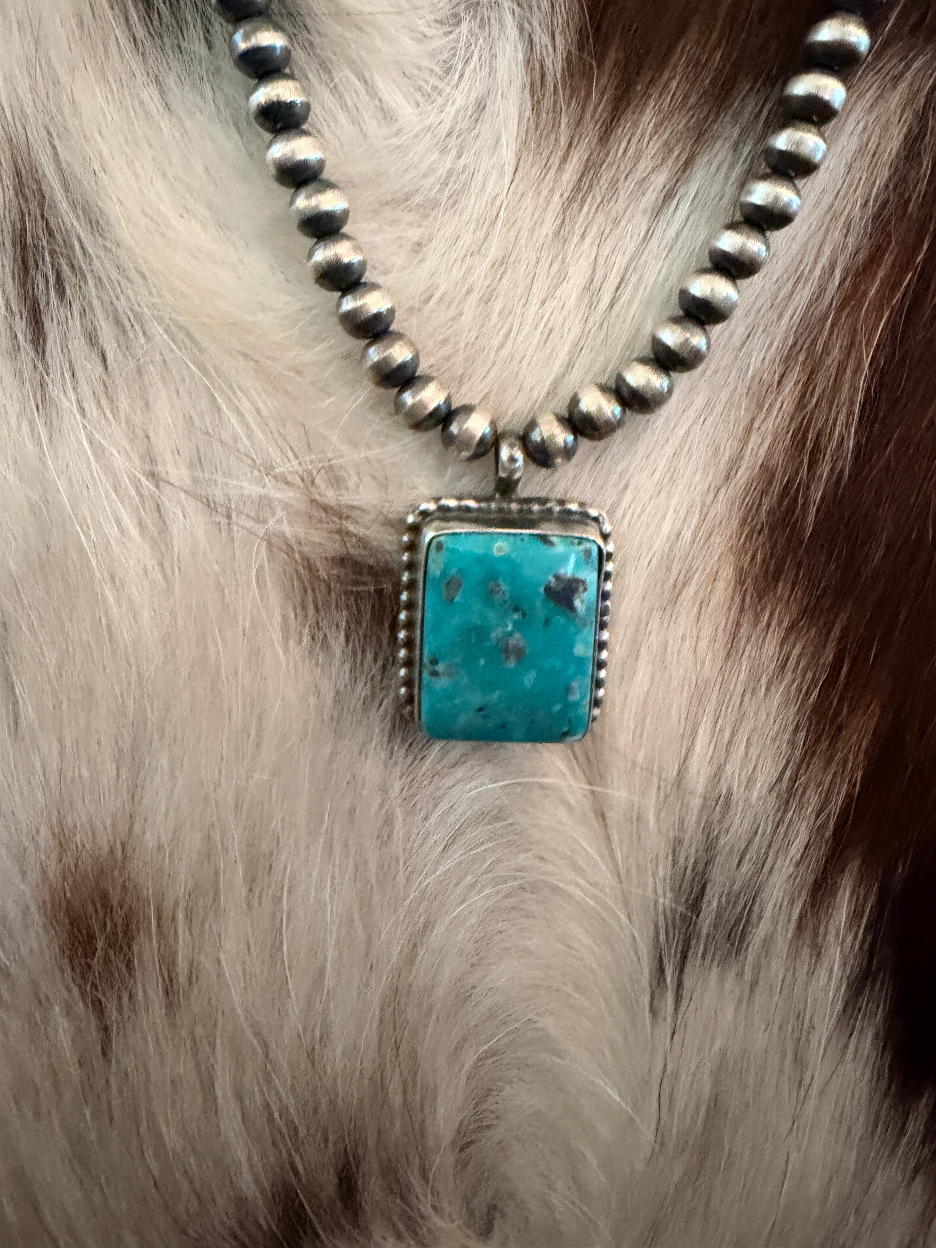 Handcrafted Turquoise & 5mm Sterling Silver Pearl 18” Beaded Necklace